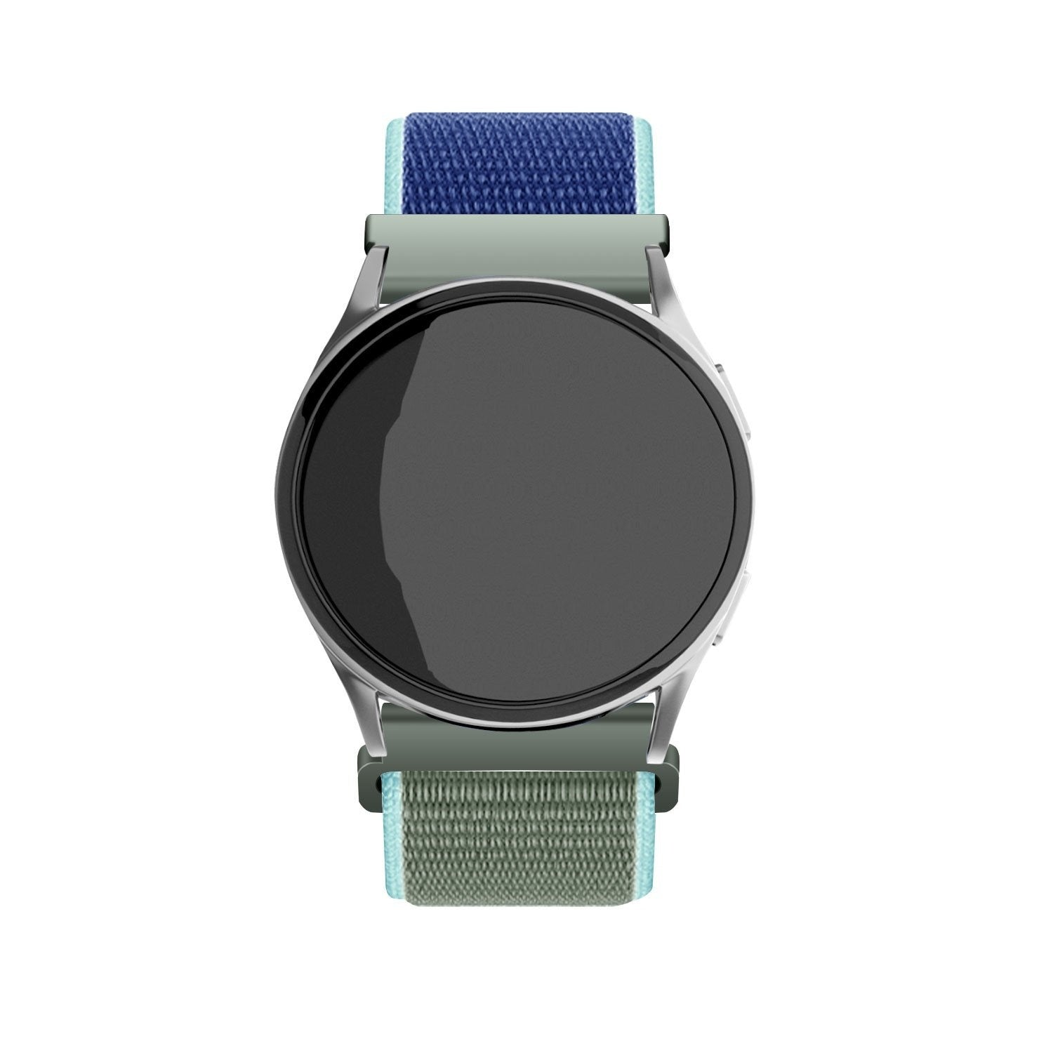 Eine runde Smartwatch mit silbernem Gehäuse und dunklem Bildschirm. Sie hat ein blaues und grünes Stoffarmband.