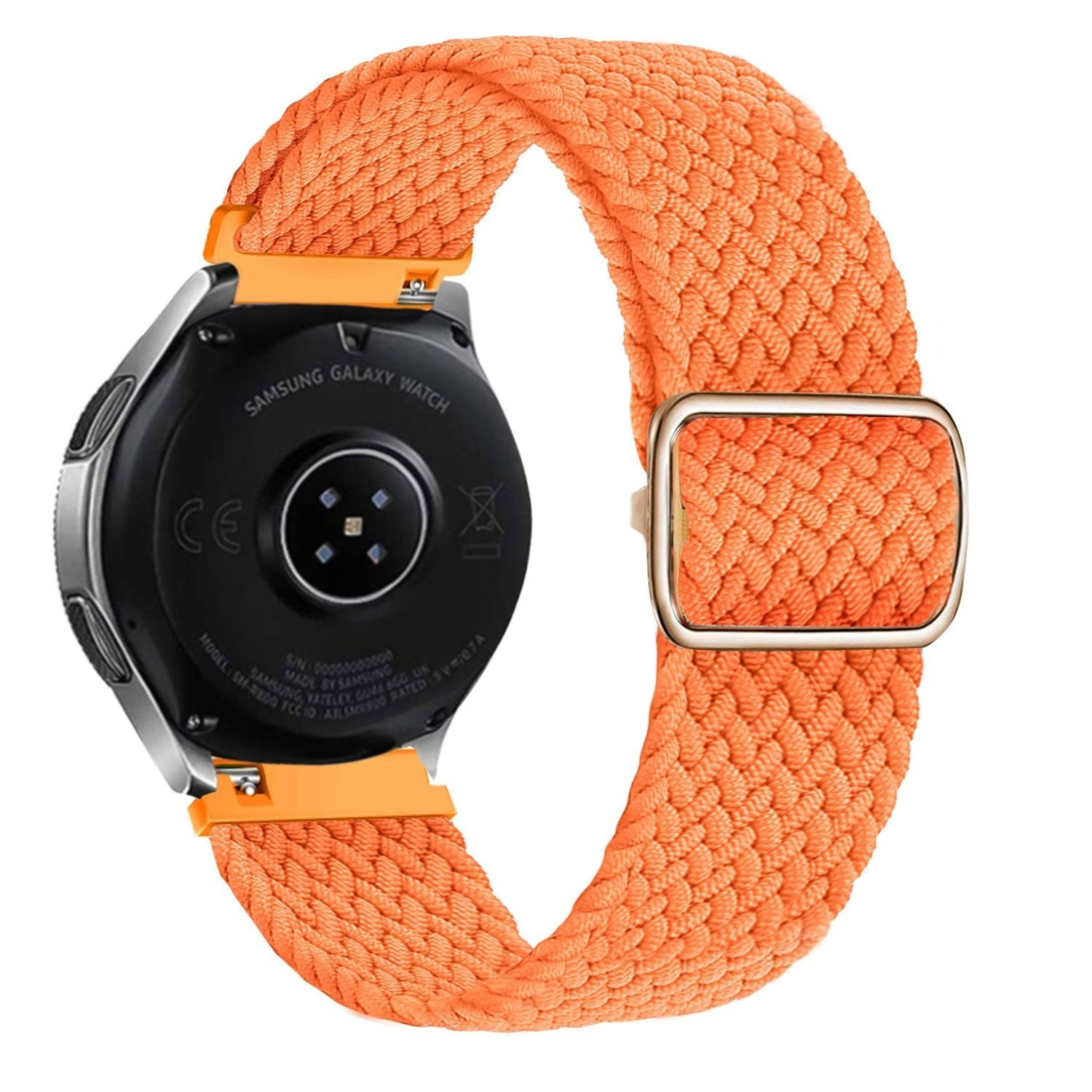 Samsung Galaxy Watch mit orangefarbenem gewebtem Armband. Die Uhr ist silber und schwarz. Das Armband hat eine goldene Schnalle.