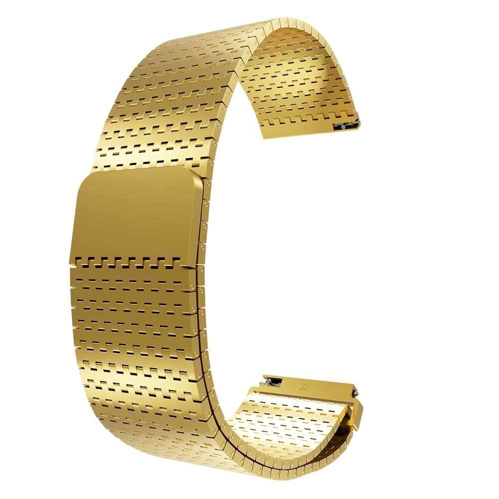 Ein goldfarbenes Uhrenarmband, gebogen, mit rechteckigen Perforationen und einem Verschluss. Der Hintergrund ist weiß.