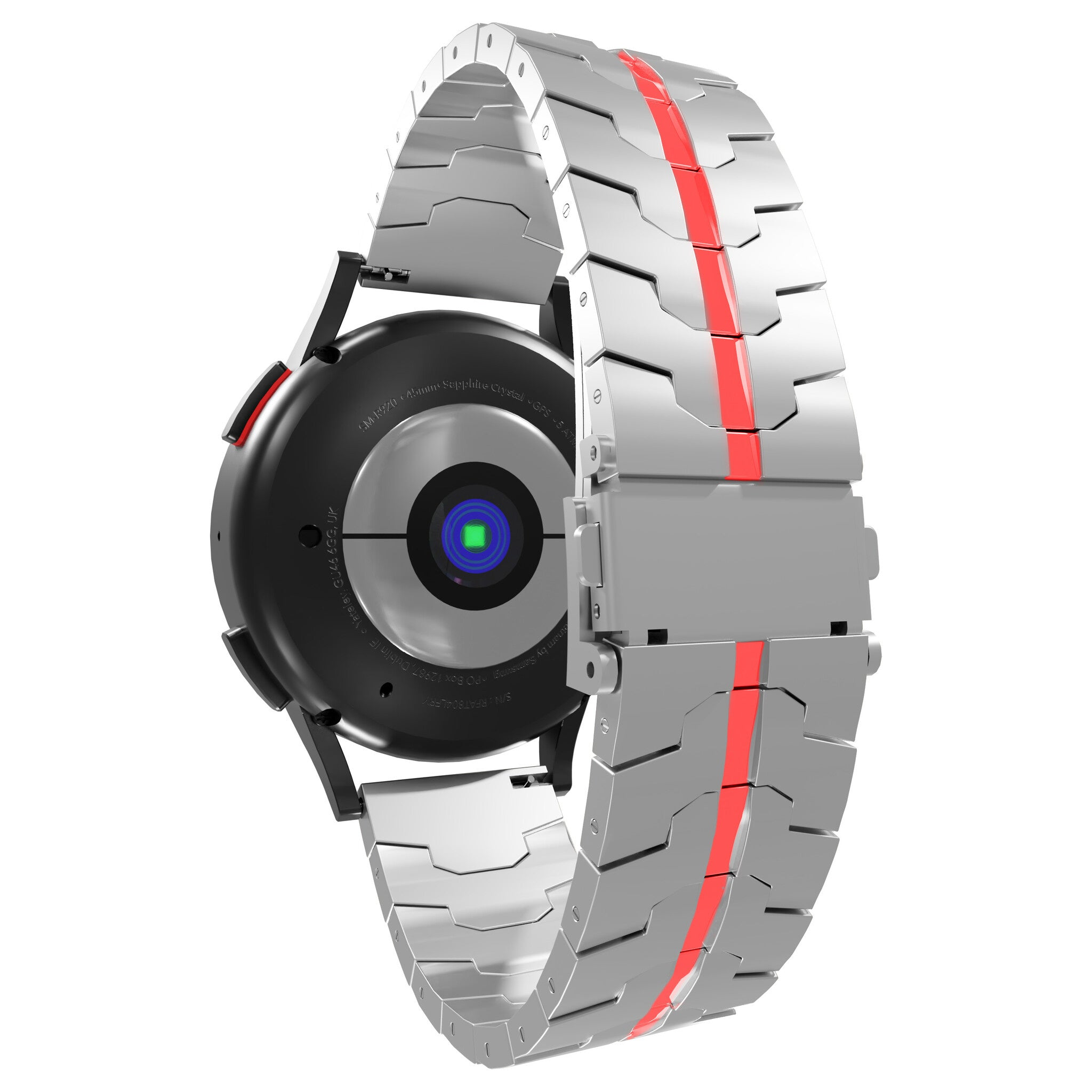 Eine silberne Smartwatch mit rotem Streifen am Armband. Die Uhr ist schwarz mit einem grünen Sensor.