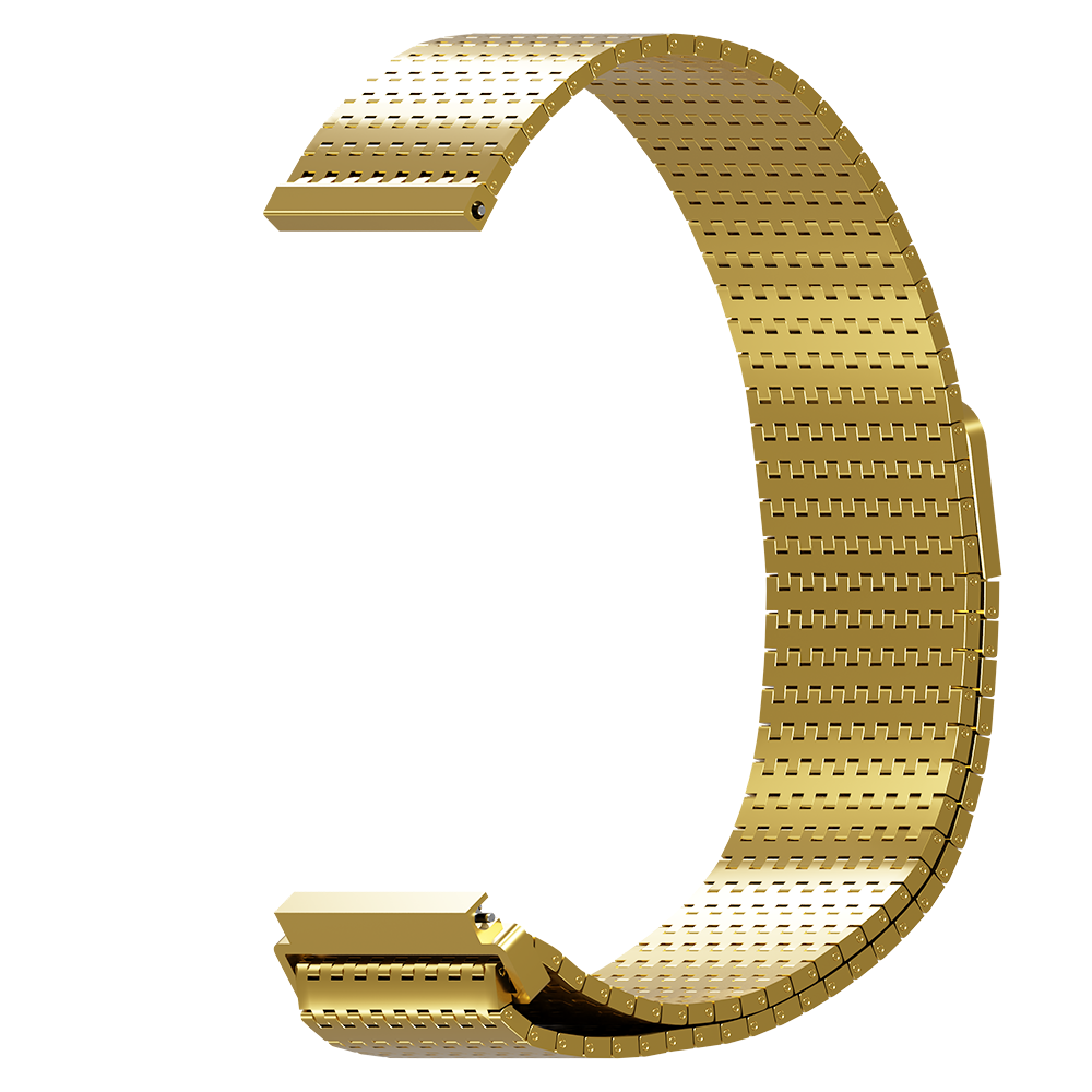 Ein gebogenes, goldfarbenes Uhrenarmband. Das Armband besteht aus kleinen, verbundenen Segmenten und hat ein perforiertes Muster.