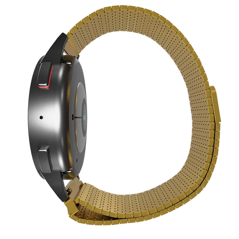 Eine Smartwatch mit goldfarbenem Armband und schwarzem Zifferblatt. Die Uhr wird von der Seite vor weißem Hintergrund betrachtet.