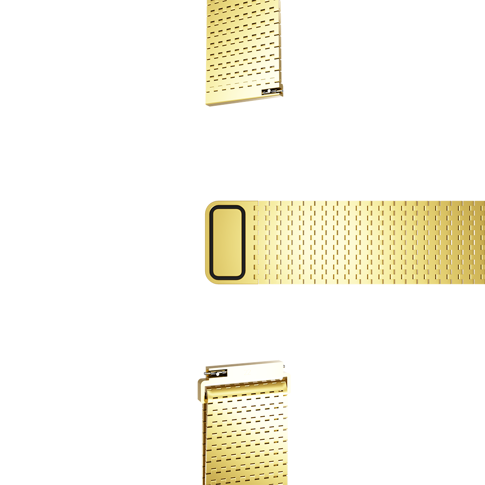 Goldene Uhrenarmbandsegmente auf weißem Hintergrund. Das Armband ist perforiert und hat einen rechteckigen Verschluss mit schwarzem Rand.