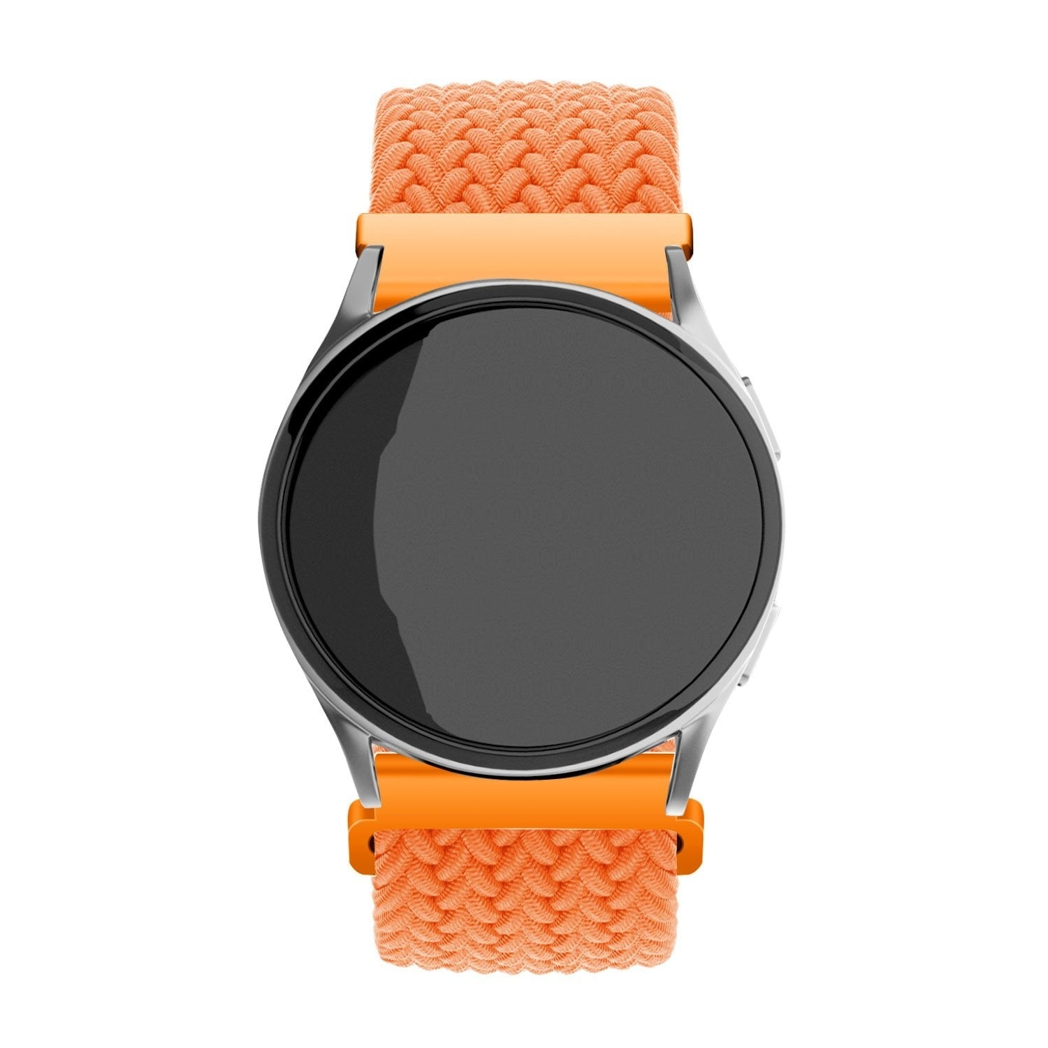 Eine silberne Smartwatch mit schwarzem Bildschirm und orangefarbenen Armbändern. Die Armbänder sind geflochten. Der Hintergrund ist weiß.