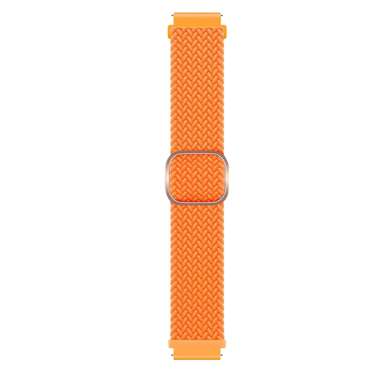 Ein orangefarbenes gewebtes Armband mit einer silbernen Schnalle. Der Hintergrund ist weiß.