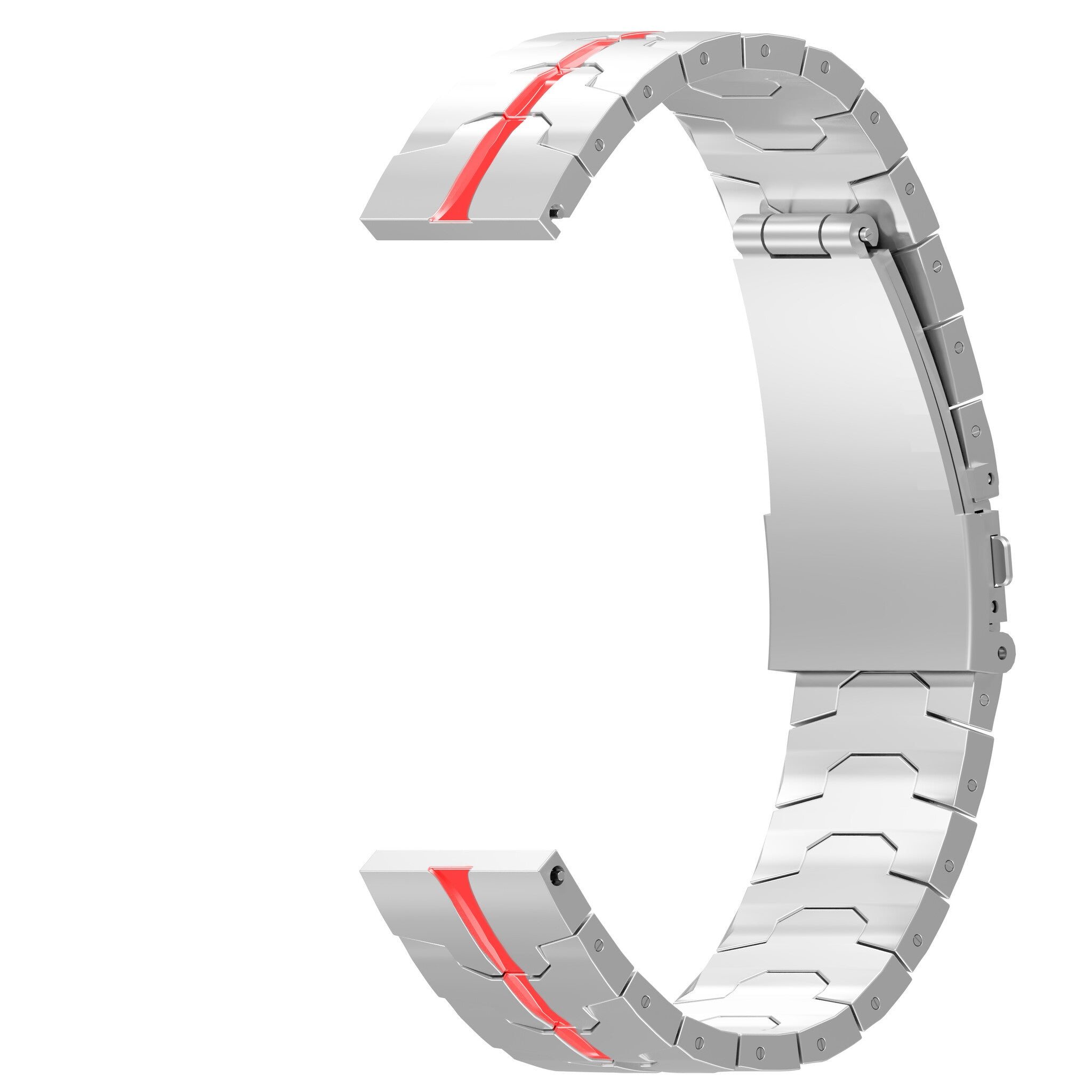 Ein silbernes Uhrenarmband mit rotem Streifen. Das Band ist gebogen und hat einen Verschluss. Weißer Hintergrund.
