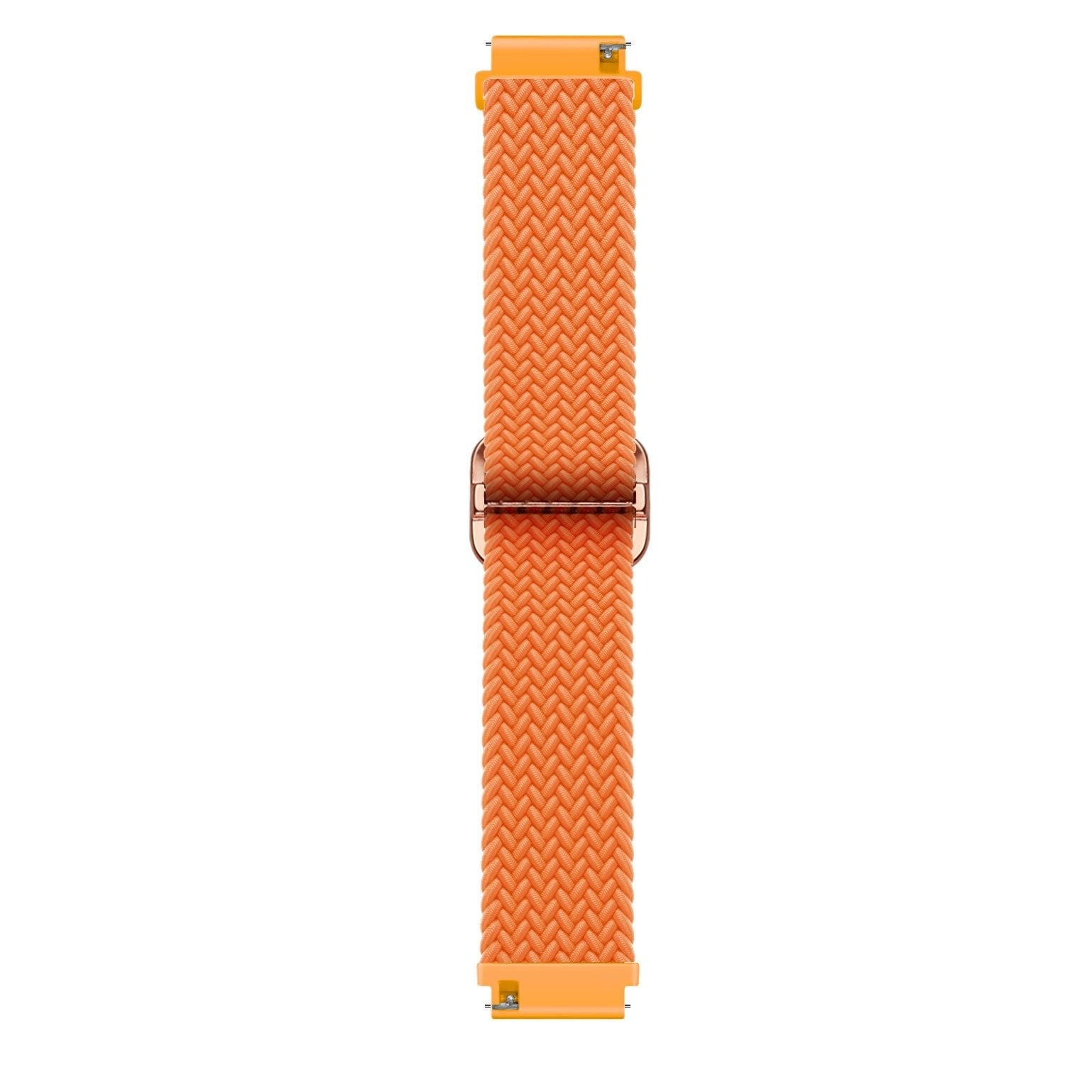 Orangenes geflochtenes Uhrenarmband mit roségoldener Schließe. Es befindet sich auf weißem Hintergrund.