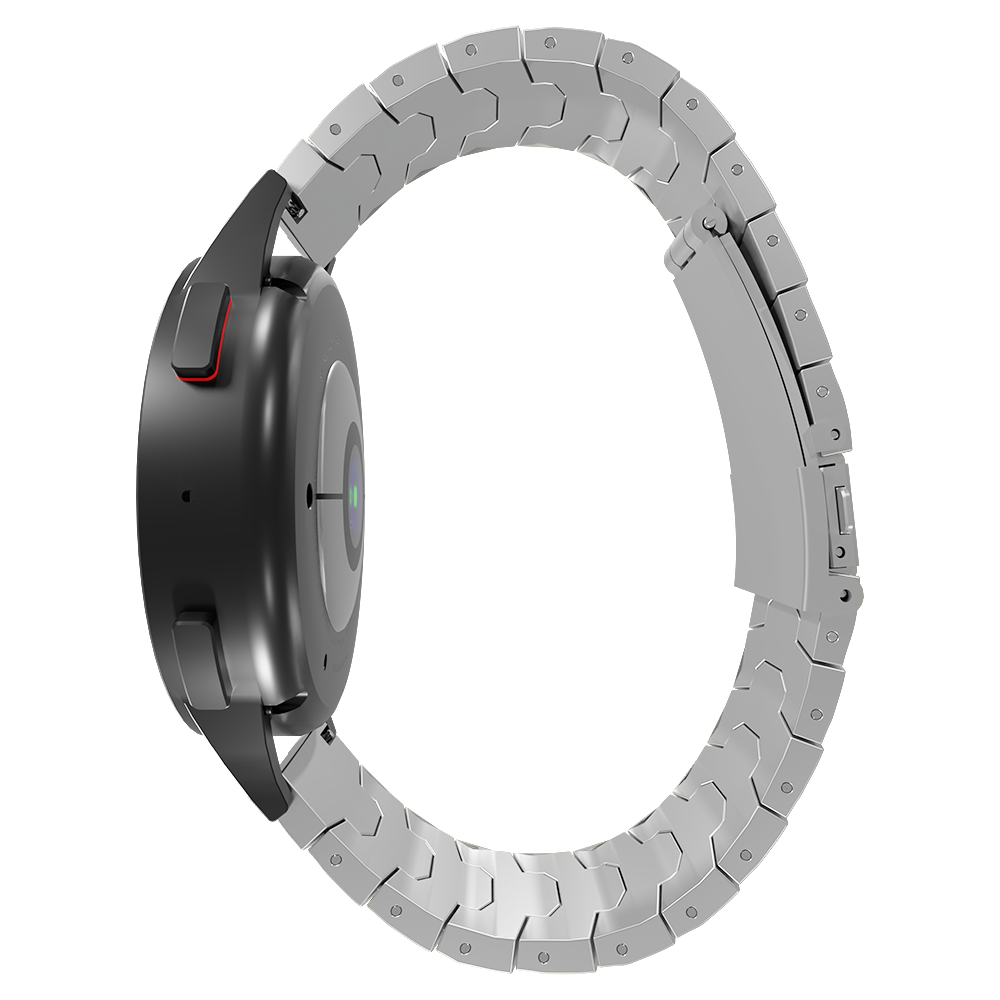 Eine schwarze Smartwatch mit silbernem Metallarmband. Die Uhr hat einen runden Bildschirm und einen roten Knopf.