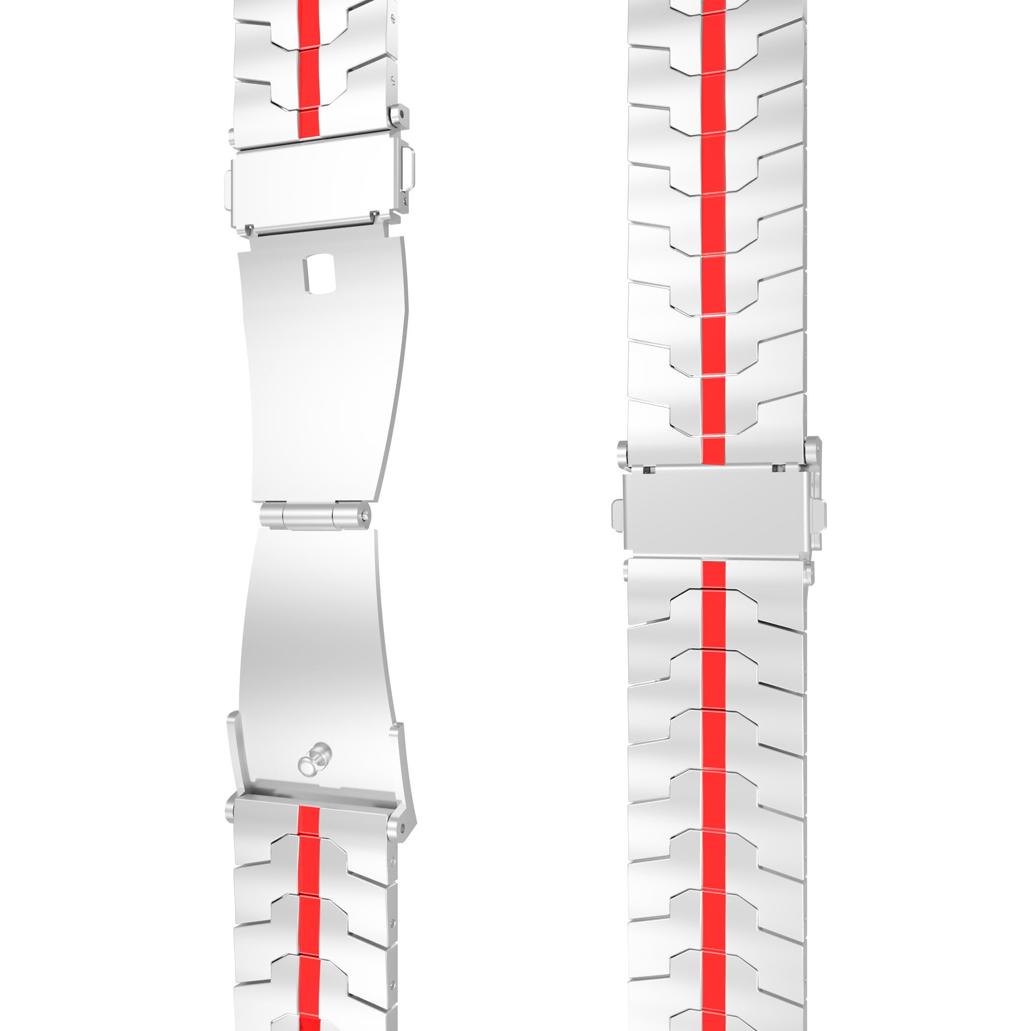 Zwei Uhrenarmbänder. Eines ist offen, das andere geschlossen. Beide sind silberfarben mit einem roten Streifen in der Mitte. Weißer Hintergrund.