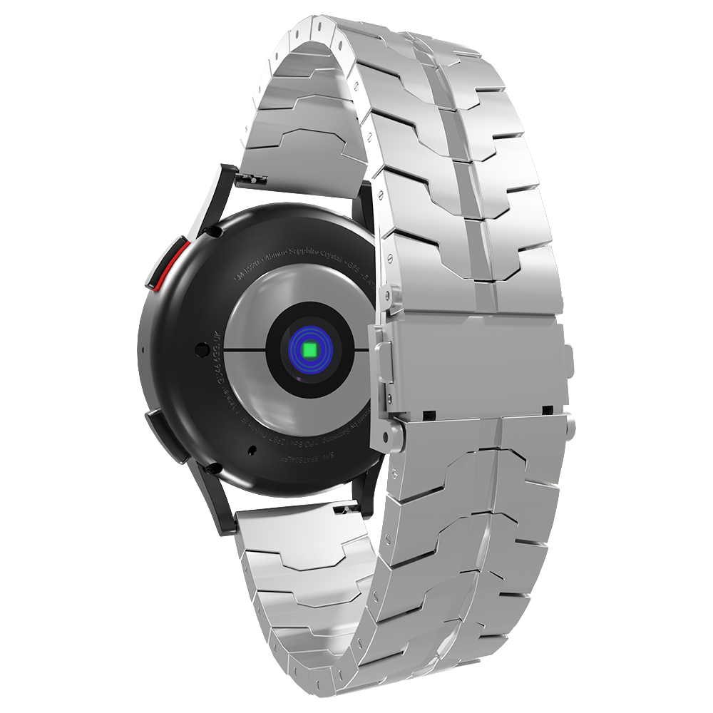 Eine silberne Smartwatch mit Metallband wird von hinten gezeigt. Die Uhr ist schwarz mit einem grünen und blauen Sensor in der Mitte.