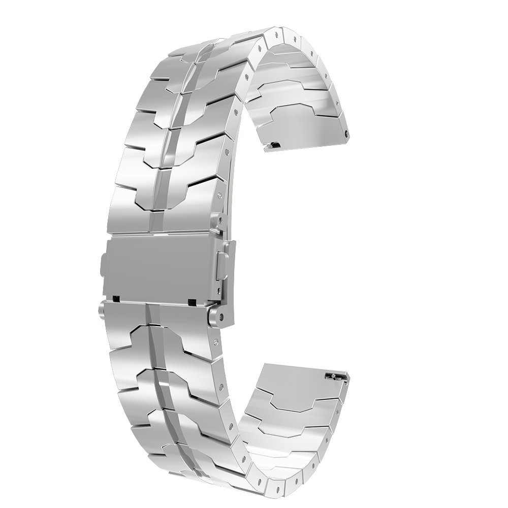 Ein silbernes Armband, gebogen, mit einem Verschluss in der Mitte. Die Glieder sind rechteckig und leicht gebogen.