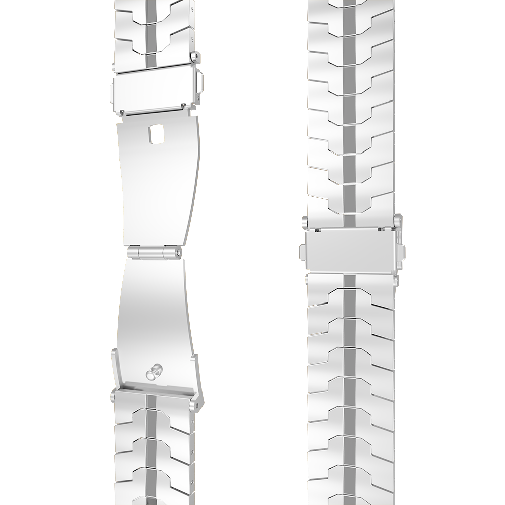 Zwei silberne Metall-Armbanduhren, eine teilweise geöffnet, mit einem Verschlussmechanismus und detaillierten Gliedern auf weißem Hintergrund.