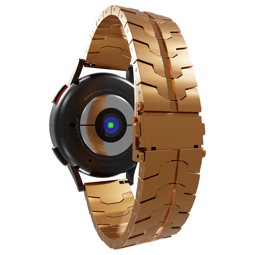 Eine goldene Smartwatch mit schwarzer Rückseite. Die Uhr hat ein goldenes Armband. Die Rückseite hat einen Sensor mit grünem Licht.