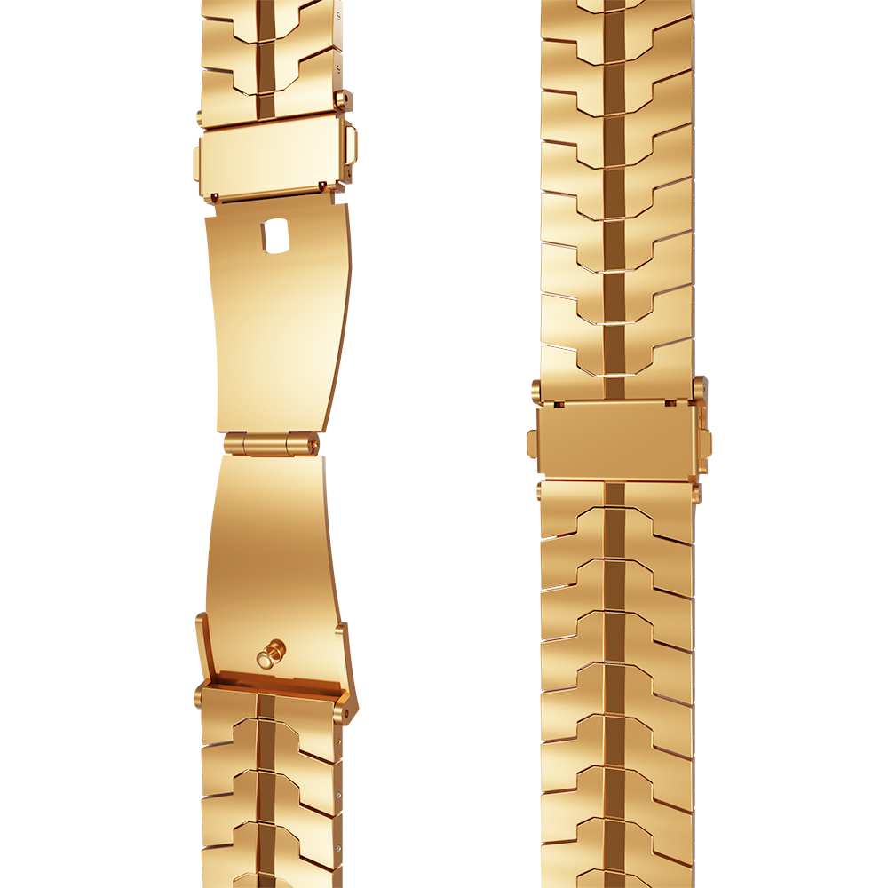 Zwei goldene Uhrenarmbänder, eines offen, eines geschlossen. Beide zeigen einen metallischen Verschluss und ein Kettendesign. Weißer Hintergrund.