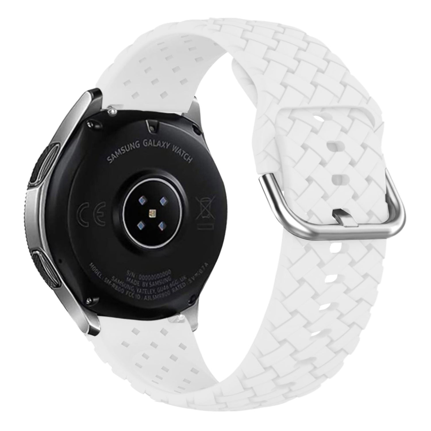 Eine Samsung Galaxy Watch mit weißem Armband. Das Zifferblatt ist schwarz mit silbernen Akzenten, das Armband weiß.