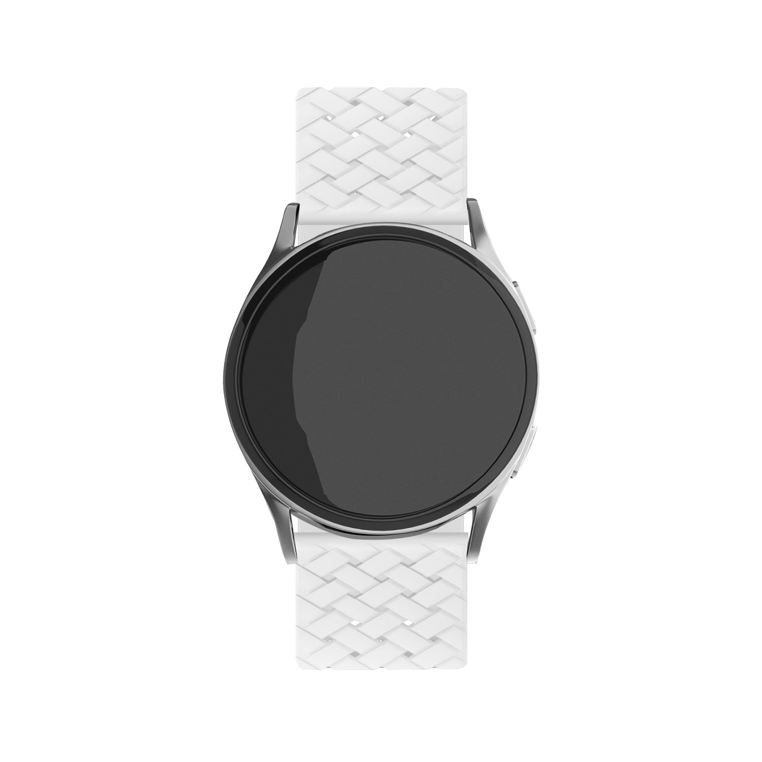 Eine Smartwatch mit schwarzem Bildschirm und silberner Lünette. Sie hat weiße Armbänder mit Webmuster vor weißem Hintergrund.