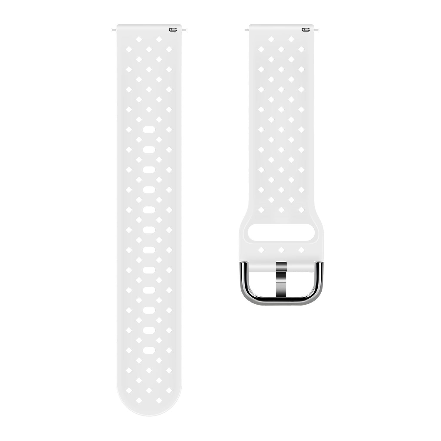 Zwei weiße Uhrenarmbänder mit rautenförmigen Perforationen. Ein Armband hat eine silberne Schnalle. Beide Armbänder auf weißem Hintergrund.