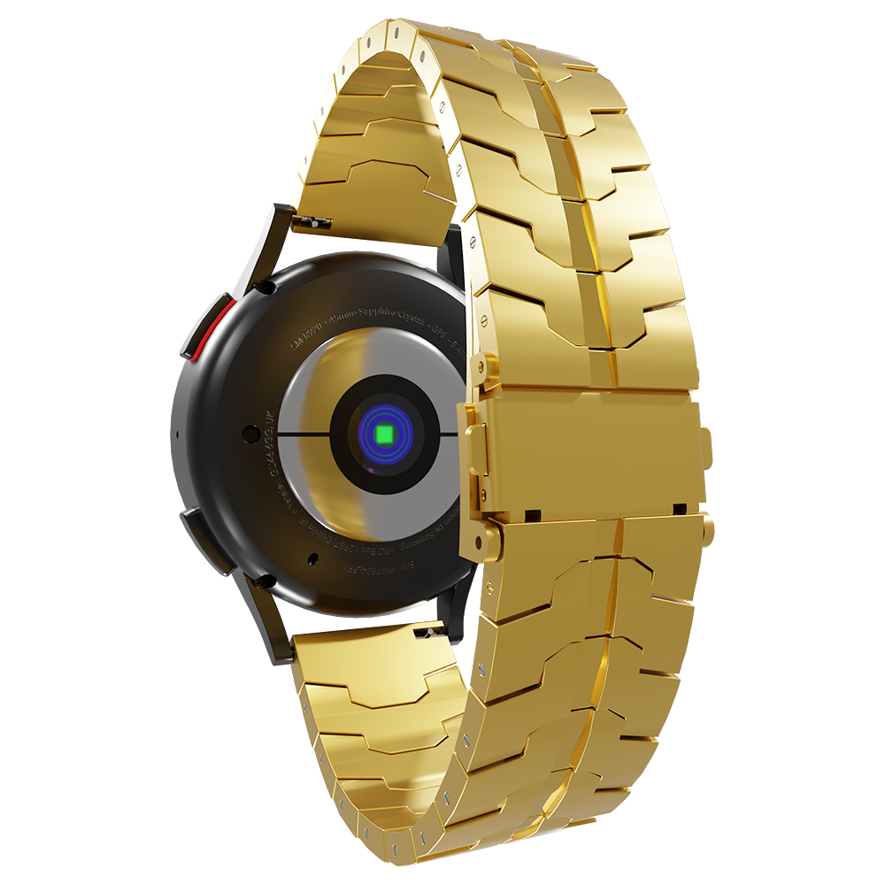 Eine goldene Smartwatch mit schwarzer Rückseite. Das Armband ist goldfarben und besteht aus verbundenen Segmenten. Die Rückseite der Uhr hat Text und Sensoren.