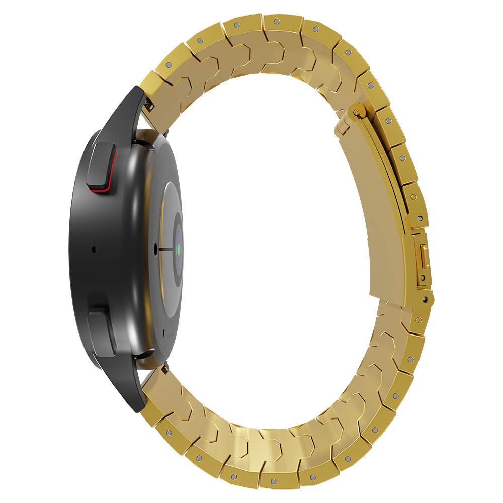 Eine goldene Smartwatch mit schwarzem Zifferblatt und passendem goldenem Armband wird auf weißem Hintergrund angezeigt.