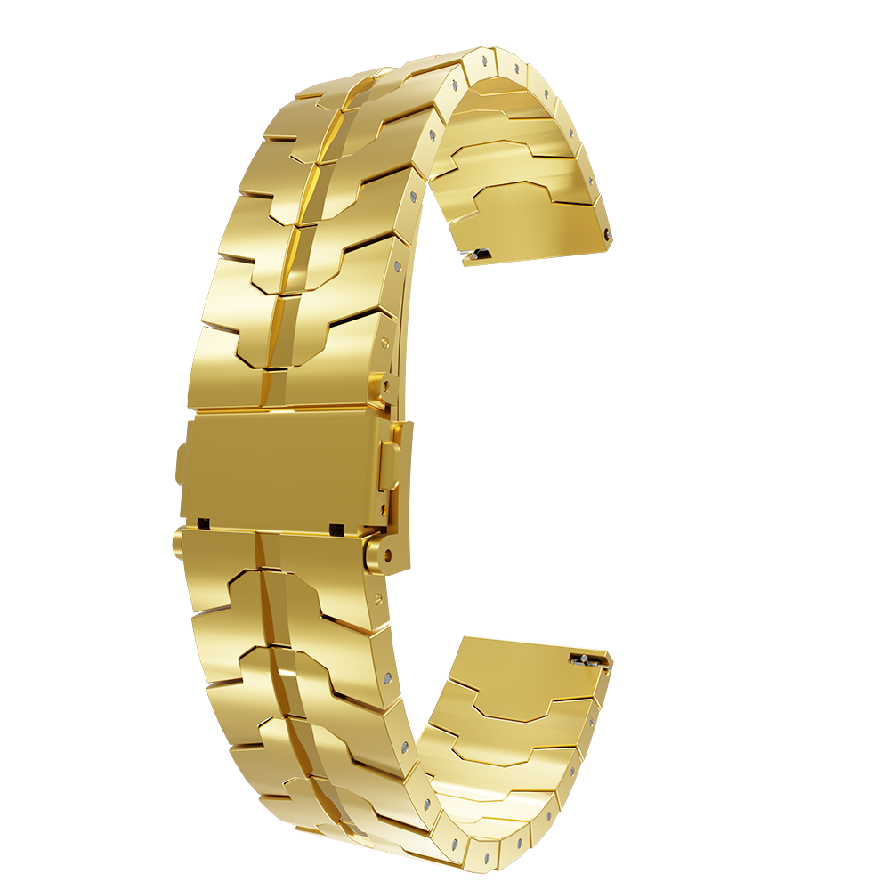 Ein goldener Uhrenarmband ist gebogen, mit einem rechteckigen Verschluss in der Mitte. Das Armband besteht aus rechteckigen Teilen.