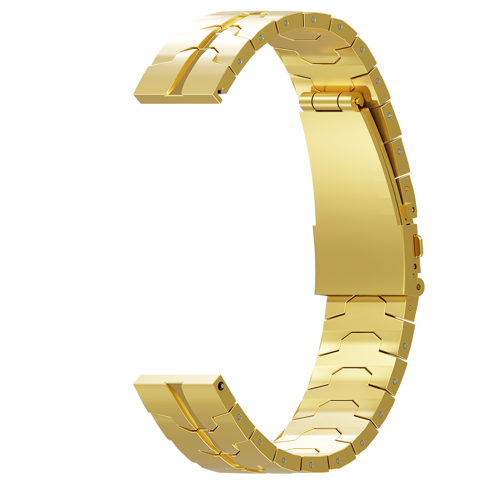 Ein goldener Uhrenarmband wird vor weißem Hintergrund gezeigt. Es ist gebogen und zeigt sein segmentiertes Design und seinen Verschluss.