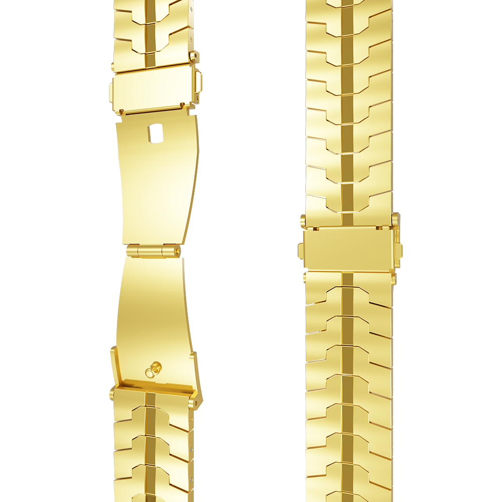 Zwei goldene Armbänder, eines offen, das andere geschlossen, nebeneinander auf weißem Hintergrund. Die Bänder bestehen aus ineinandergreifenden Segmenten.