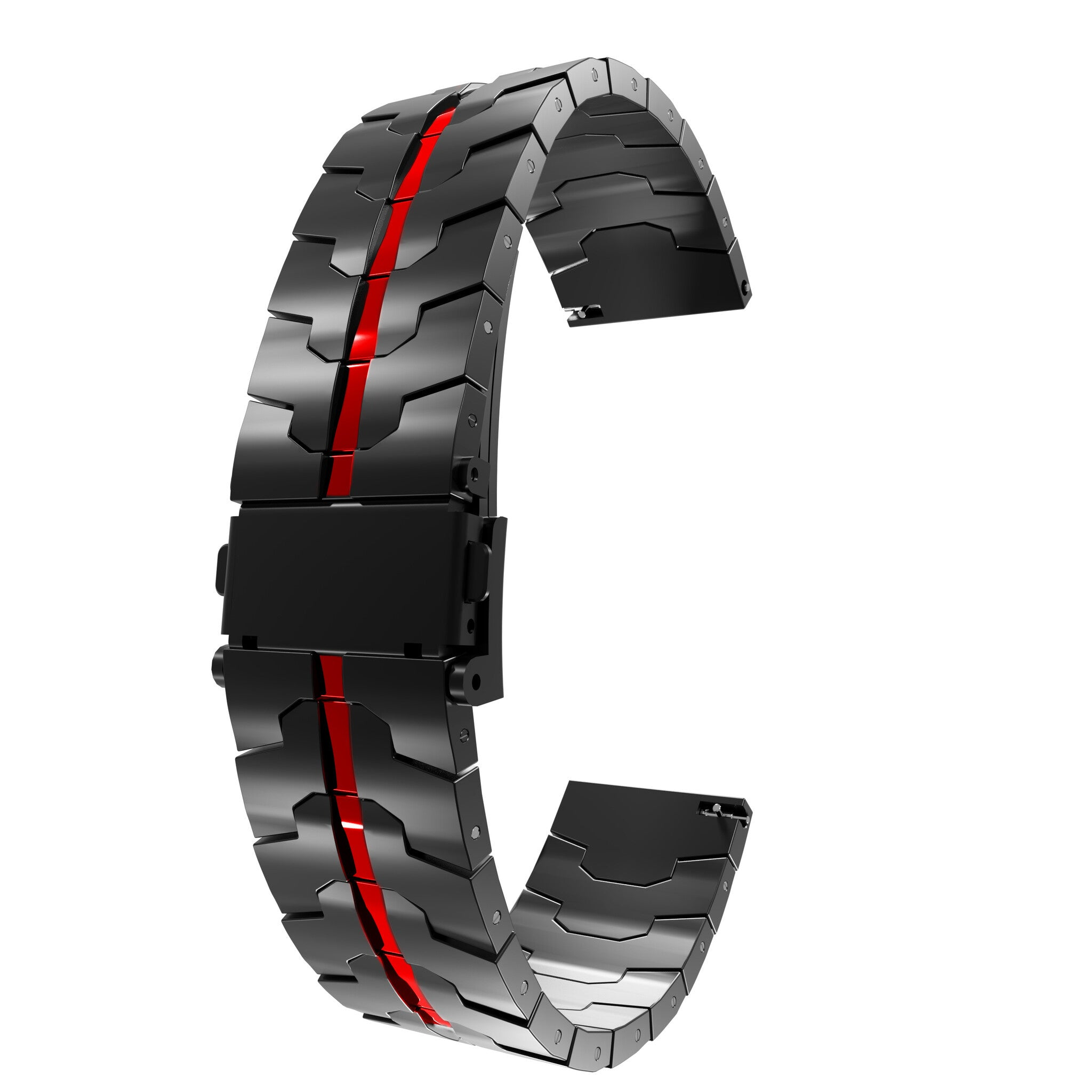 Ein schwarzes Uhrenarmband mit rotem Streifen in der Mitte. Das Band ist gebogen und zeigt seine Metallglieder und den Verschluss.