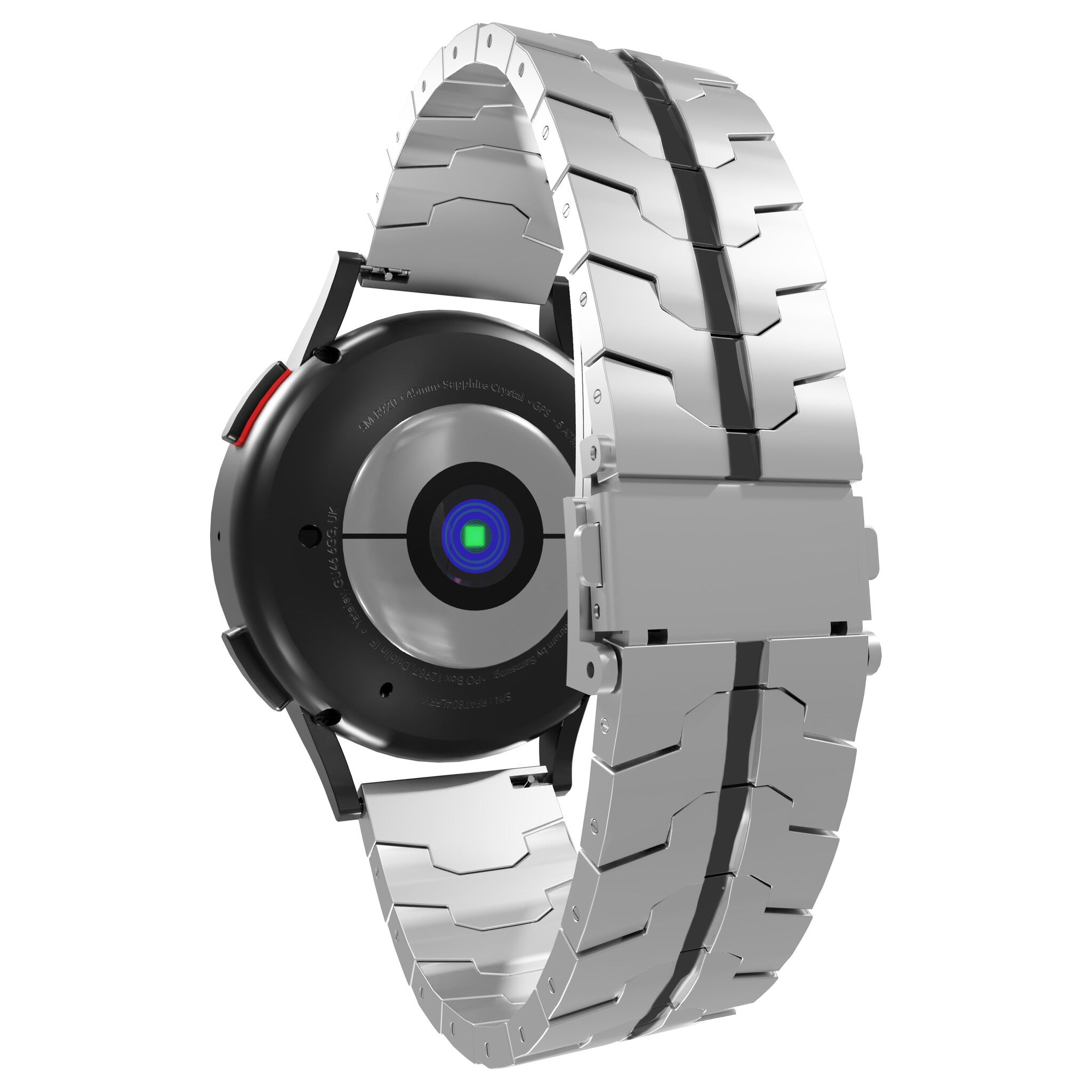 Eine silberne Smartwatch mit schwarzem, kreisförmigen Zifferblatt und silbernem Armband. Die Rückseite zeigt den Sensor und Details.