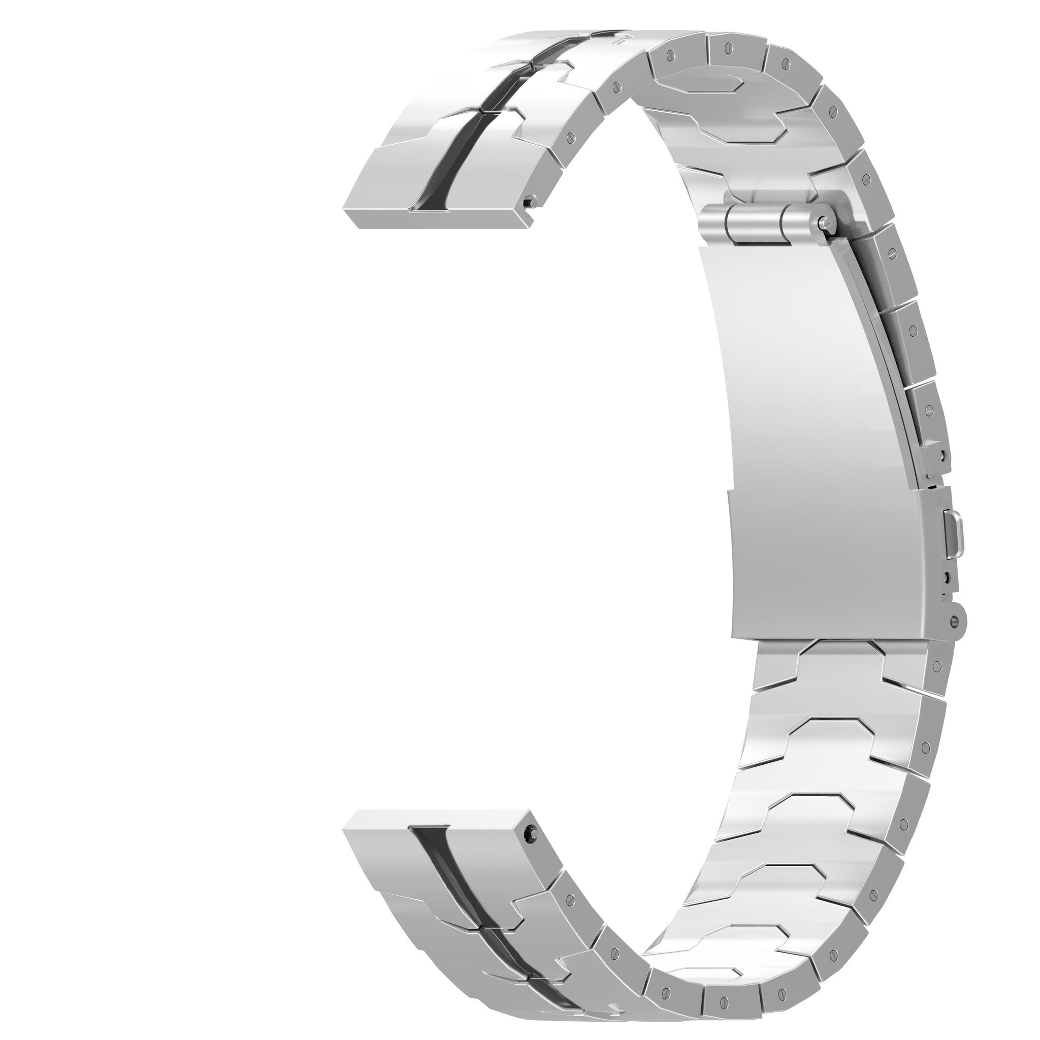 Ein silbernes Uhrenarmband ist gebogen und hat in der Mitte ein Scharnier. Es hat ein geometrisches Design. Der Hintergrund ist weiß.