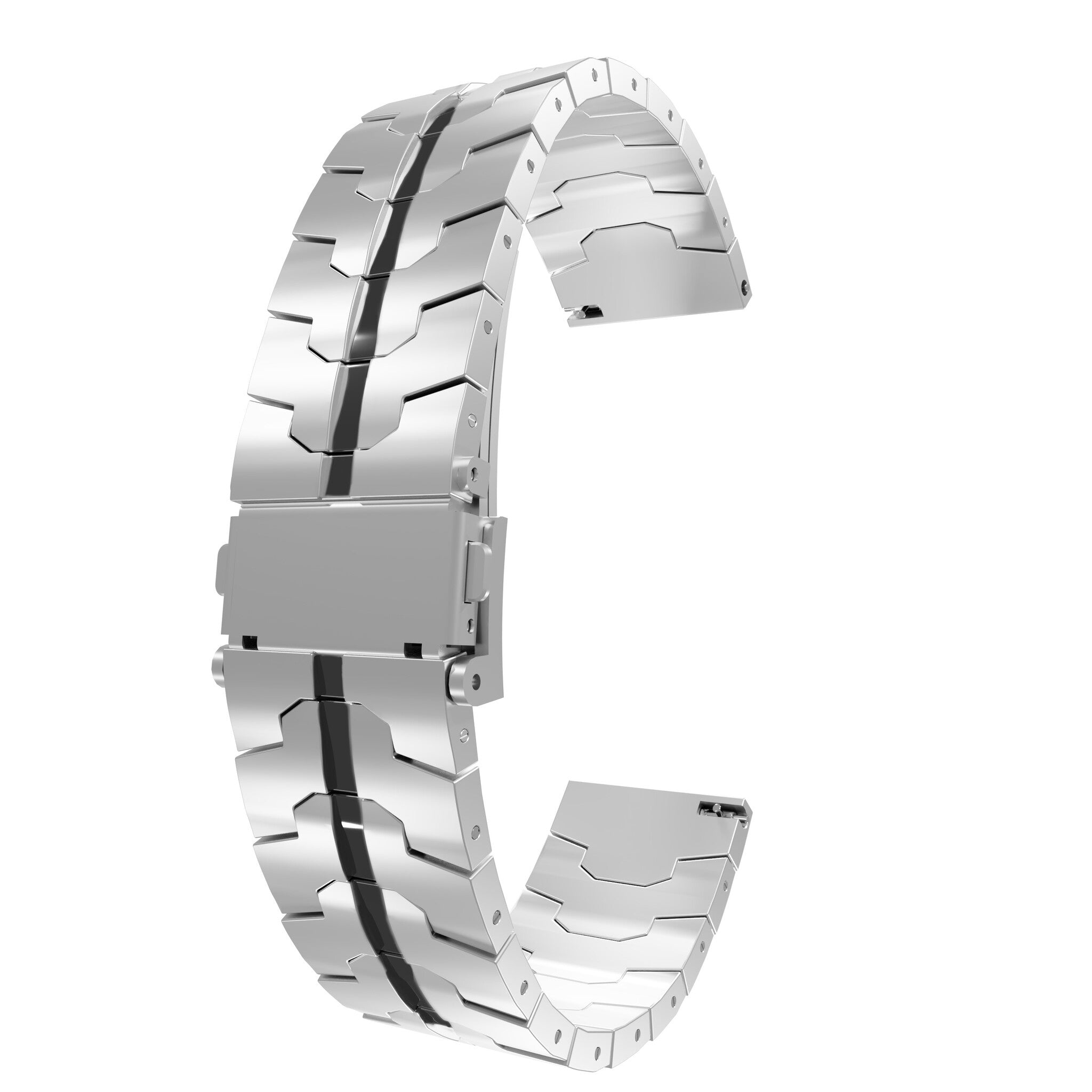 Ein silbernes Metallarmband ist gebogen, mit einem Verschluss in der Mitte, vor weißem Hintergrund.