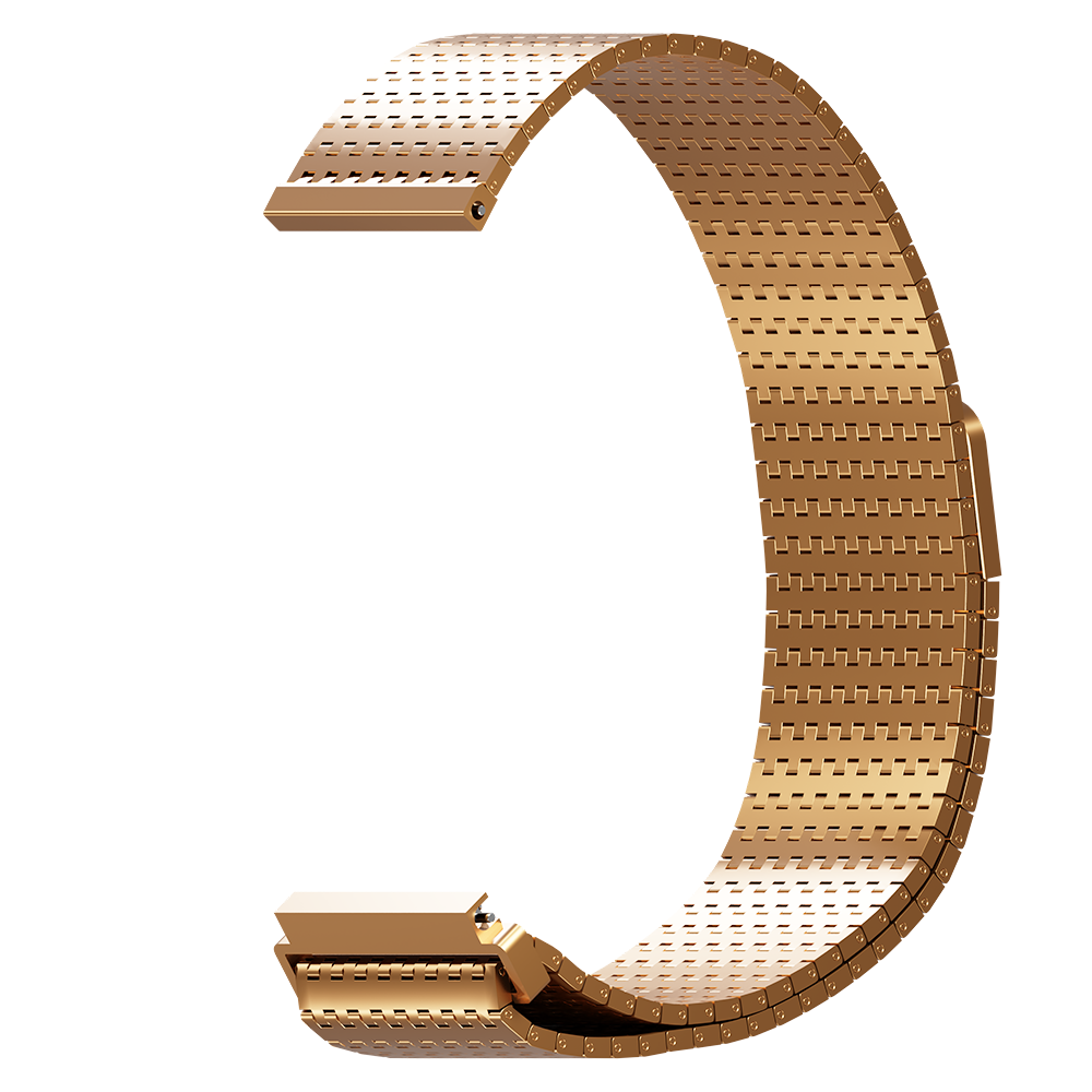 Ein gebogenes, goldfarbenes Uhrenarmband. Es besteht aus kleinen, miteinander verbundenen rechteckigen Gliedern mit einem perforierten Design. Der Hintergrund ist weiß.