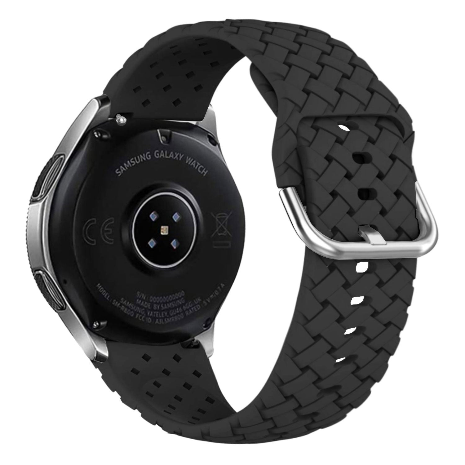 Schwarze Samsung Galaxy Watch mit schwarzem Armband. Das Armband ist strukturiert. Auf der Rückseite der Uhr sind Text und das CE-Zeichen zu sehen.