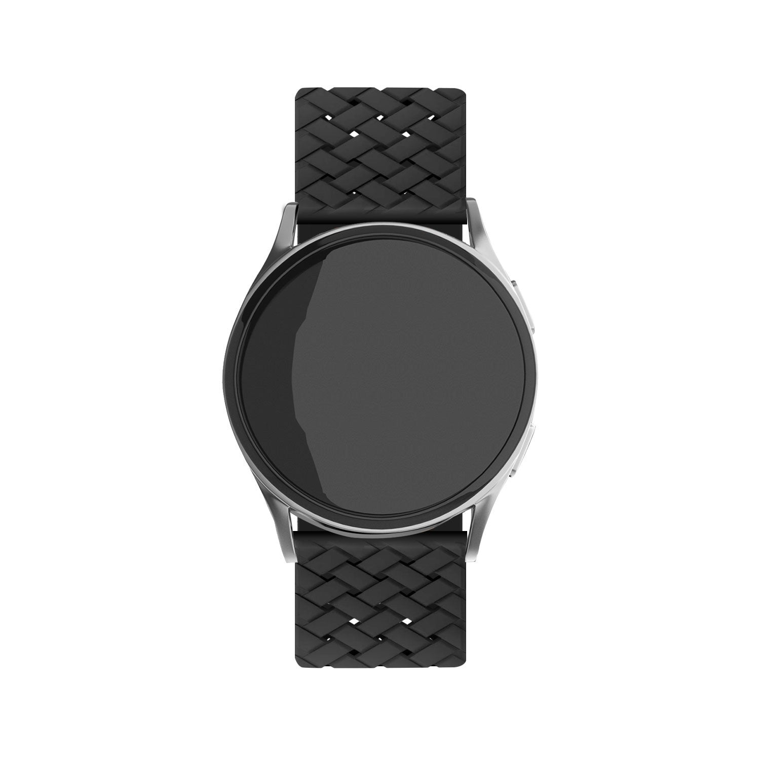 Eine silberne Smartwatch mit schwarzem Bildschirm und schwarzem geflochtenem Armband ist vor weißem Hintergrund zentriert. Die Uhr ist neu.