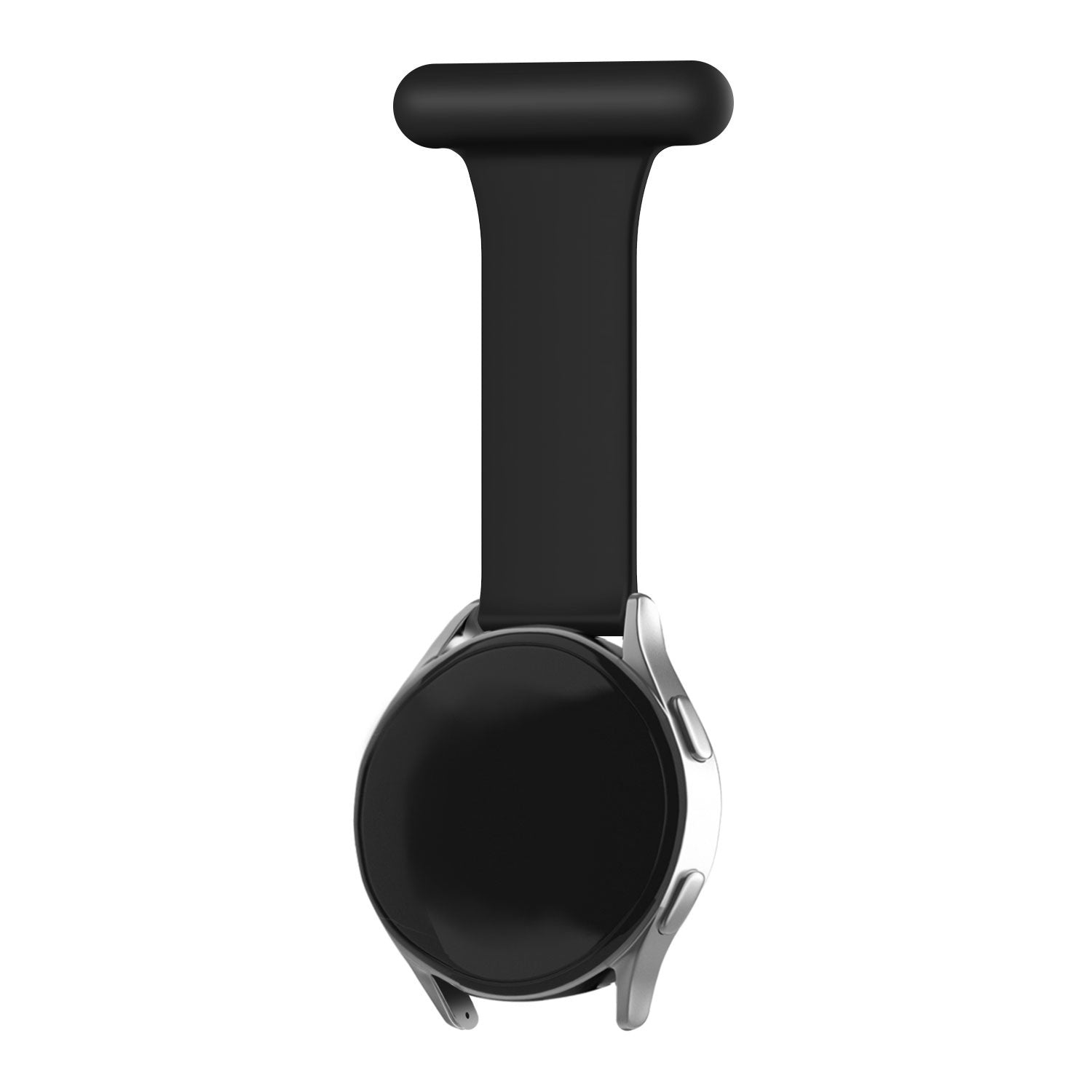 Eine schwarze Smartwatch mit silberner Lünette und schwarzem Armband. Die Uhr ist vertikal vor weißem Hintergrund ausgerichtet.
