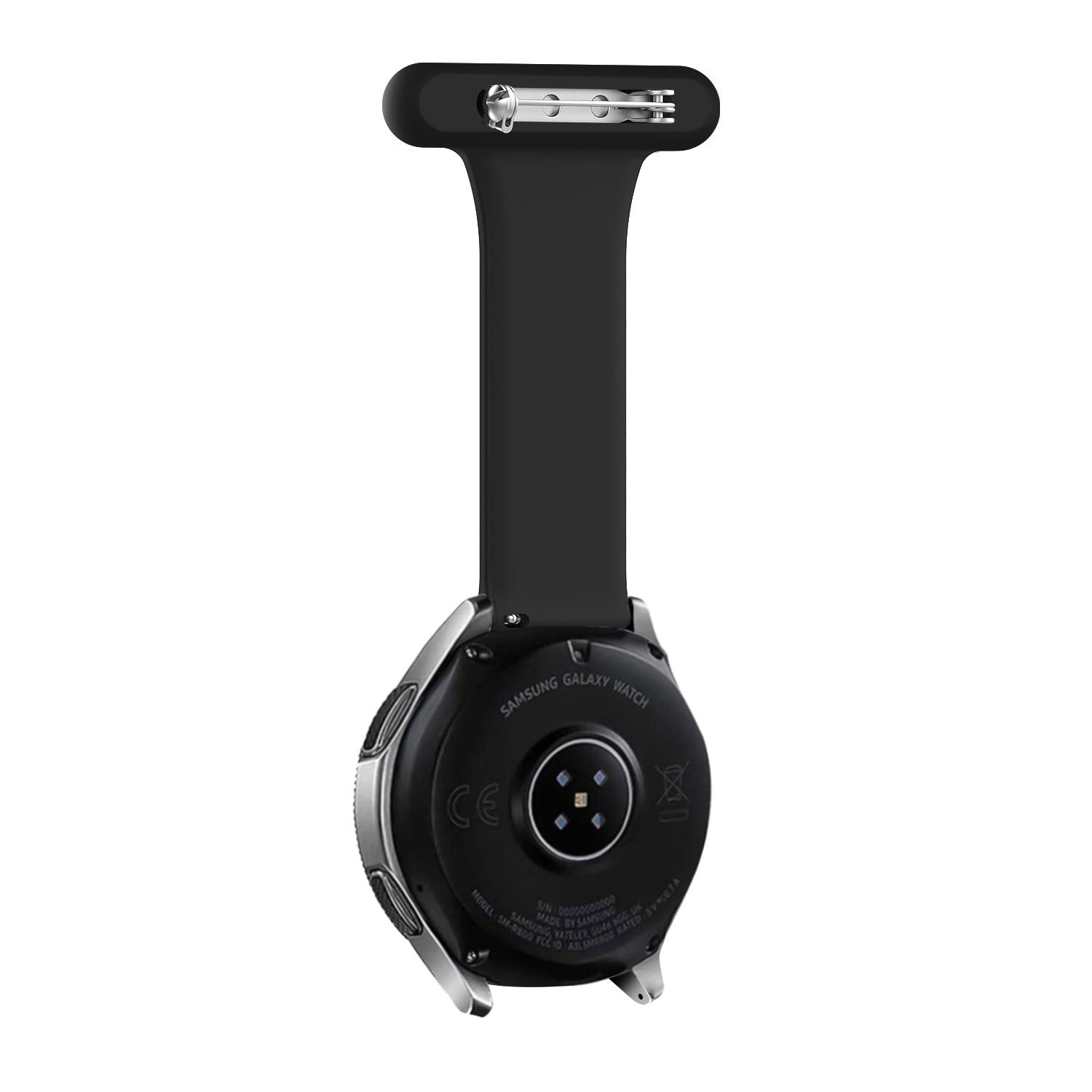 Eine schwarze Samsung Galaxy Watch mit schwarzem Armband. Die Uhr ist rund mit einer silbernen Lünette. Das Armband hat einen Metallstift.