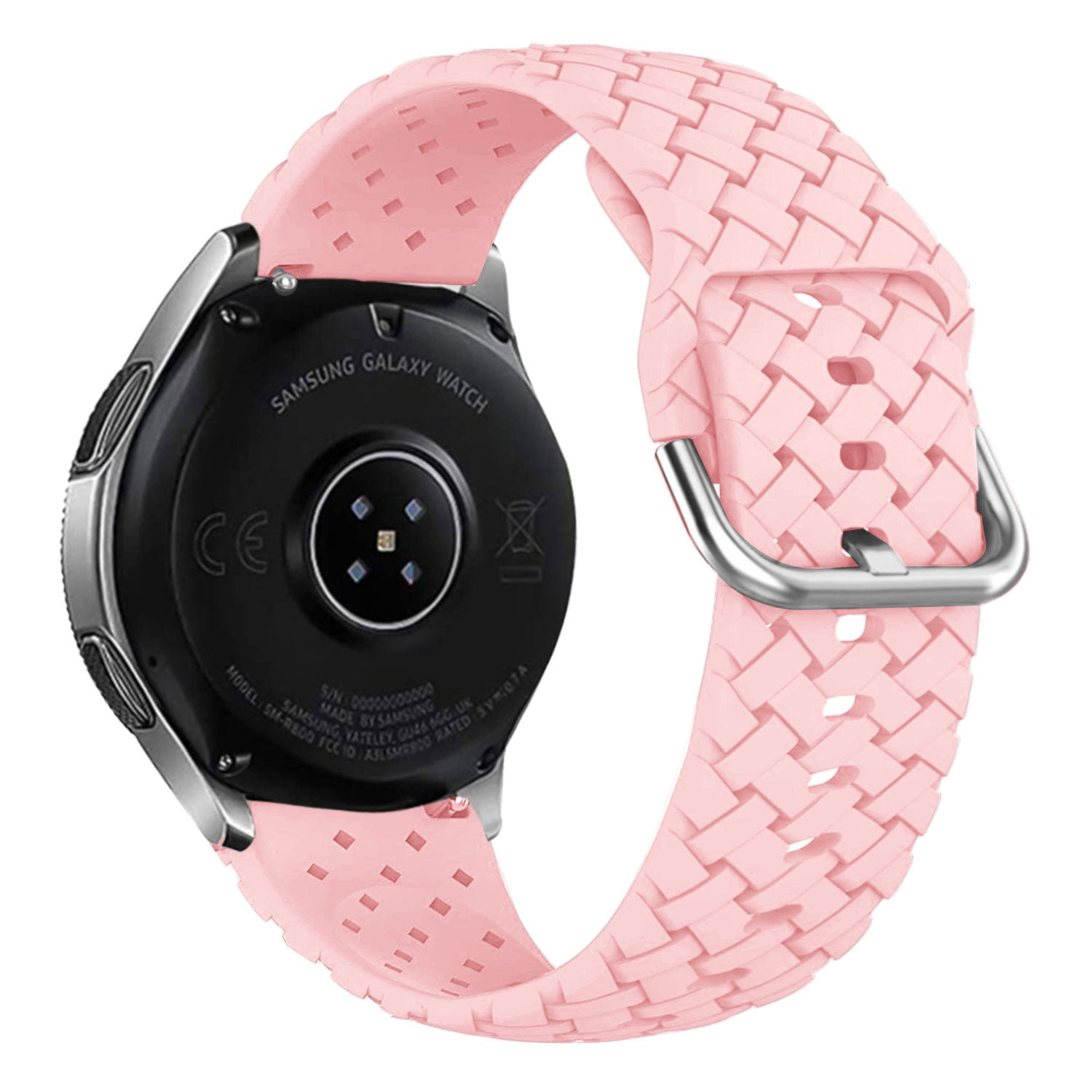 Ein rosa Uhrenarmband mit gewebtem Design ist an einer schwarzen Samsung Galaxy Watch befestigt. Das Armband hat eine silberne Schnalle.