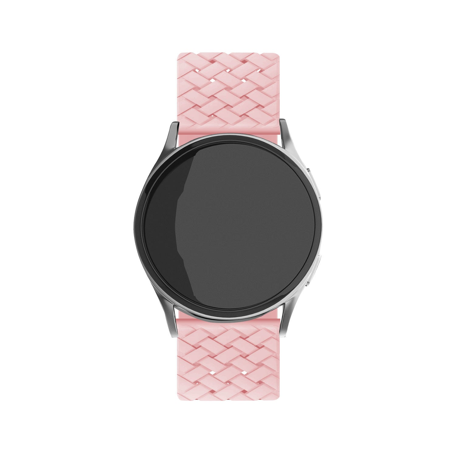 Eine Smartwatch mit schwarzem Bildschirm und hellrosa gewebtem Armband. Das Uhrengehäuse ist silber.