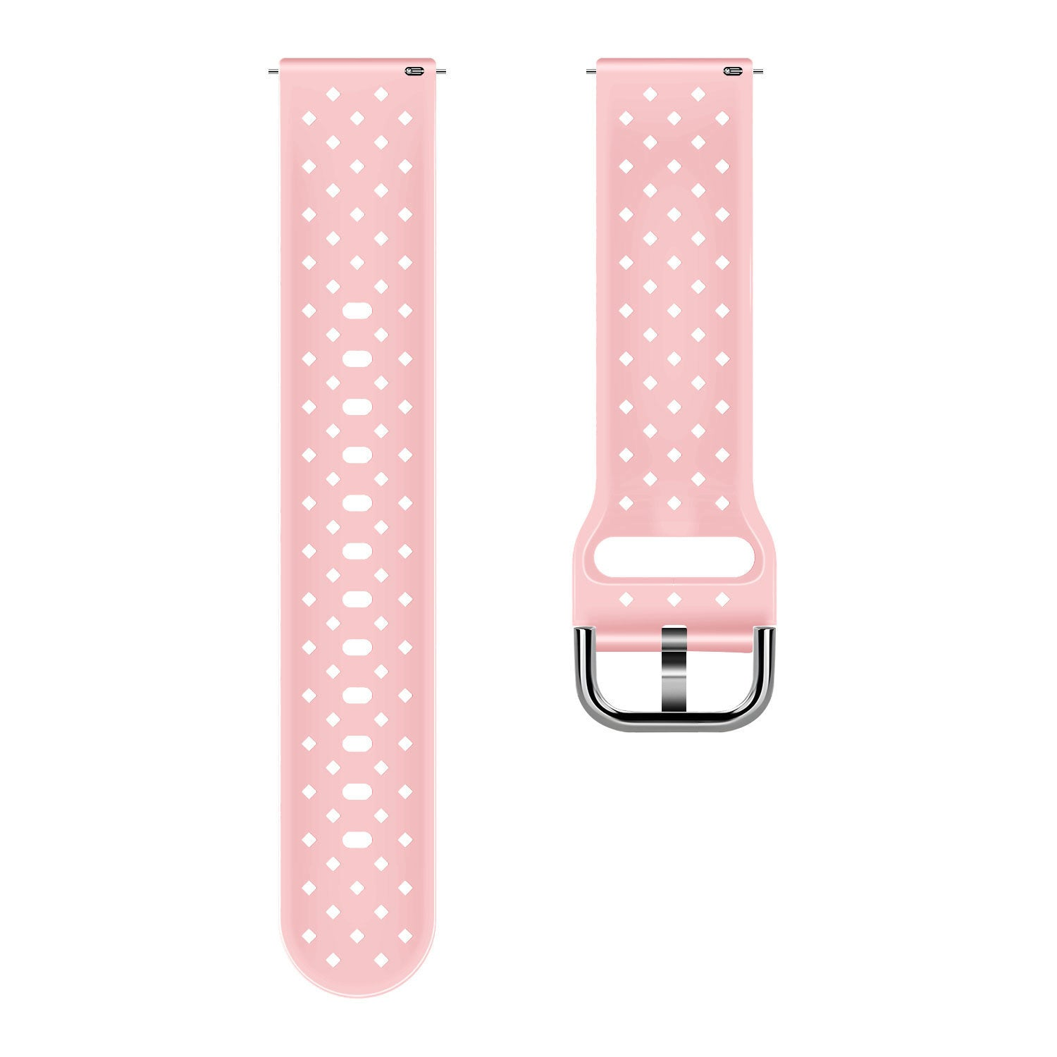 Zwei hellrosa Uhrenarmbänder mit rautenförmigen Perforationen. Eines hat eine Schnalle.