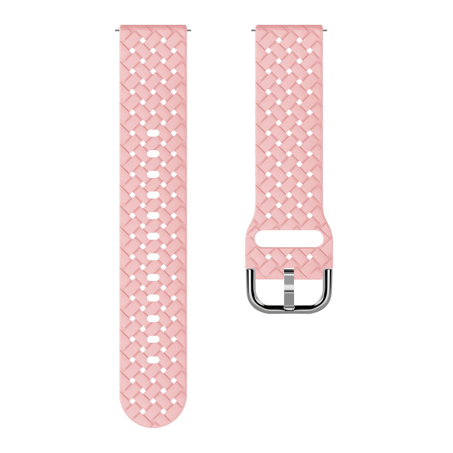 Zwei rosa Uhrenarmbänder mit gewebter Textur und Löchern. Eines hat eine Schnalle.