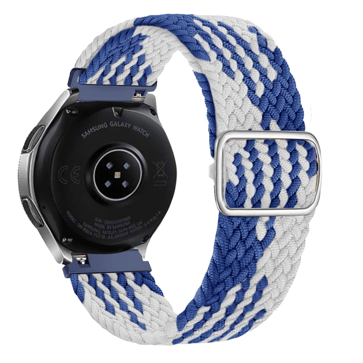 Eine Samsung Galaxy Watch mit blau-weiß geflochtenem Armband. Die Uhr ist silberfarben, das Armband mit einer blauen Schließe verbunden.