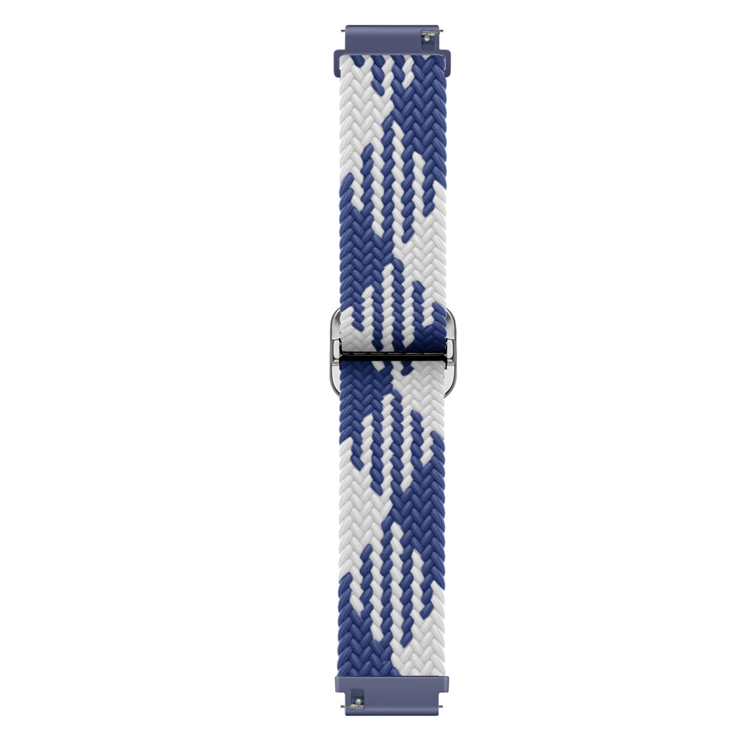 Geflochtenes Uhrenarmband mit blau-weißem Muster. Metallschnalle und blaue Anschlüsse an jedem Ende. Weißer Hintergrund.
