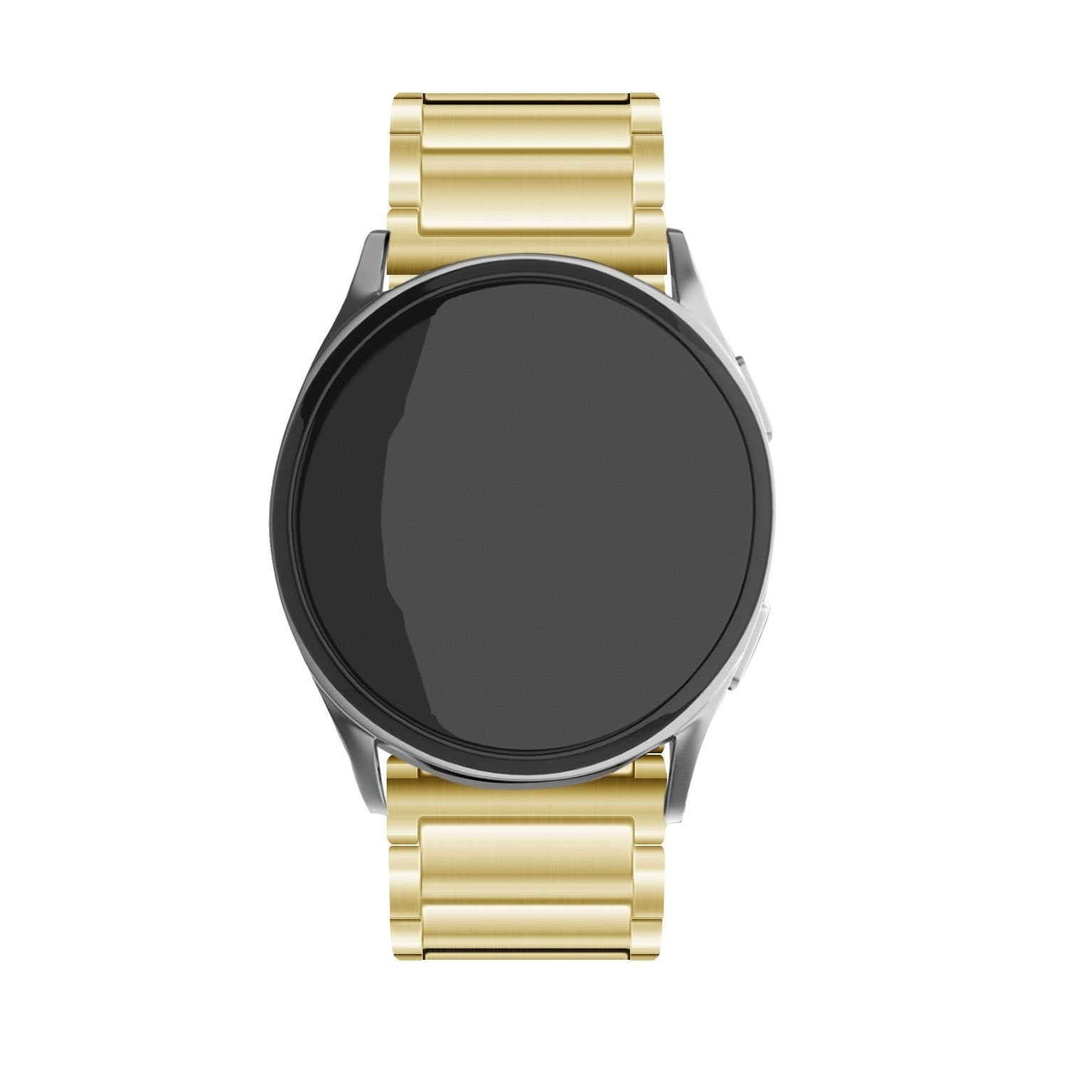 Eine goldene Smartwatch mit schwarzem Bildschirm und silbernem Gehäuse auf weißem Hintergrund.