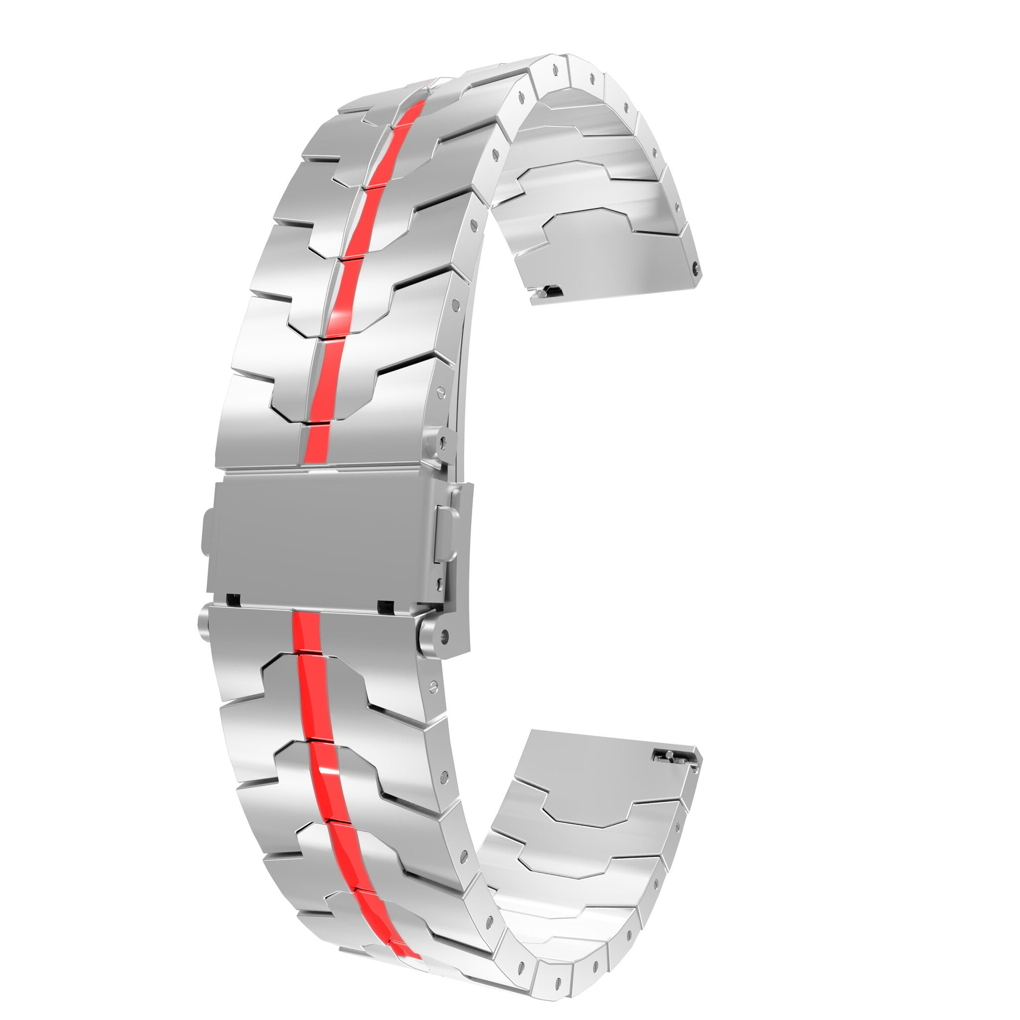 Ein gebogenes, silbernes Uhrenarmband mit einem roten Mittelstreifen. Es besteht aus verbundenen Metallsegmenten, auf weißem Hintergrund.