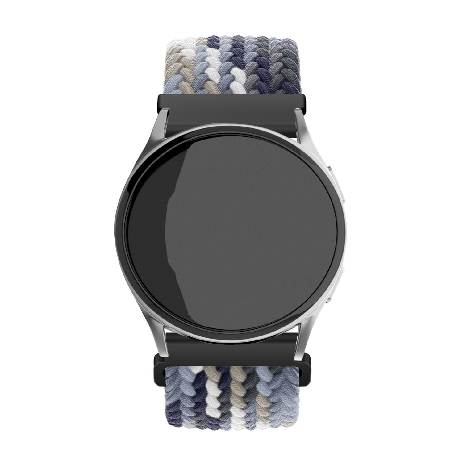 Eine runde Smartwatch mit schwarzem Bildschirm und geflochtenem Armband in Blau-, Grau- und Weißtönen. Die Uhr ist silber.