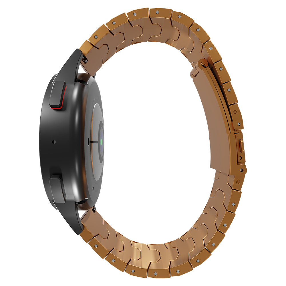 Eine schwarze Smartwatch mit goldenem Metallarmband. Das Zifferblatt ist sichtbar, mit kreisförmigem Design. Das Armband ist gebogen.