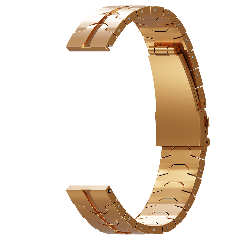 Ein goldenes, gebogenes Uhrenarmband liegt vor einem weißen Hintergrund. Es besteht aus einer Reihe miteinander verbundener Glieder und einem Verschluss.