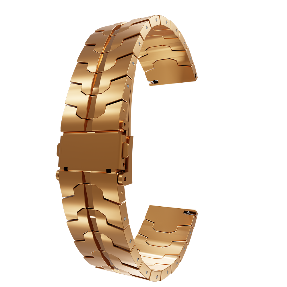 Ein goldfarbenes Uhrenarmband wird in Bogenform vor weißem Hintergrund gezeigt. Es hat rechteckige Glieder und einen Verschluss.