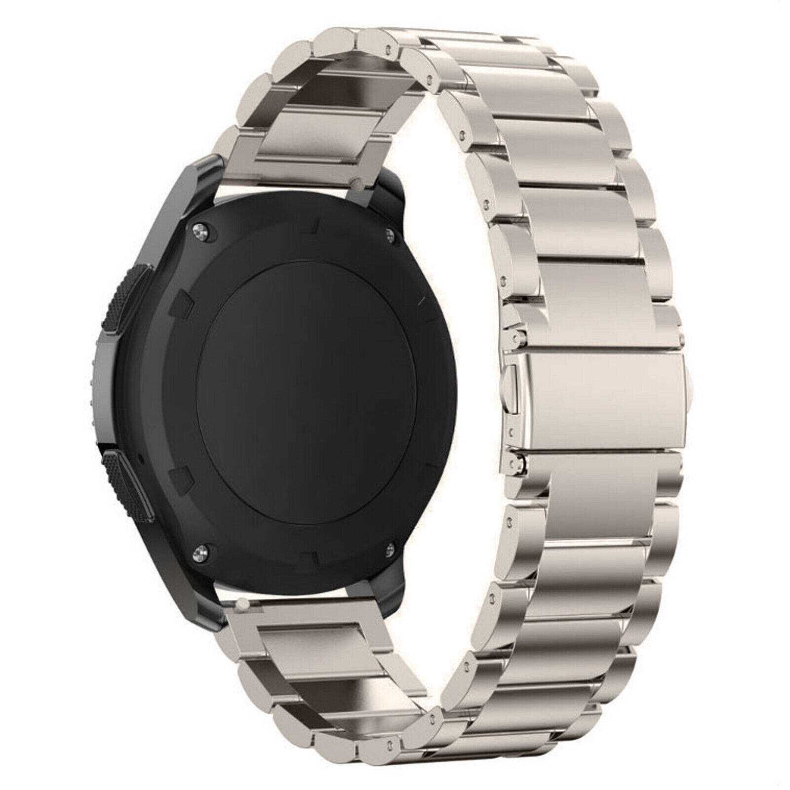 Eine schwarze Smartwatch mit silbernem Metallarmband vor weißem Hintergrund. Das Armband ist gebogen und teilweise offen.