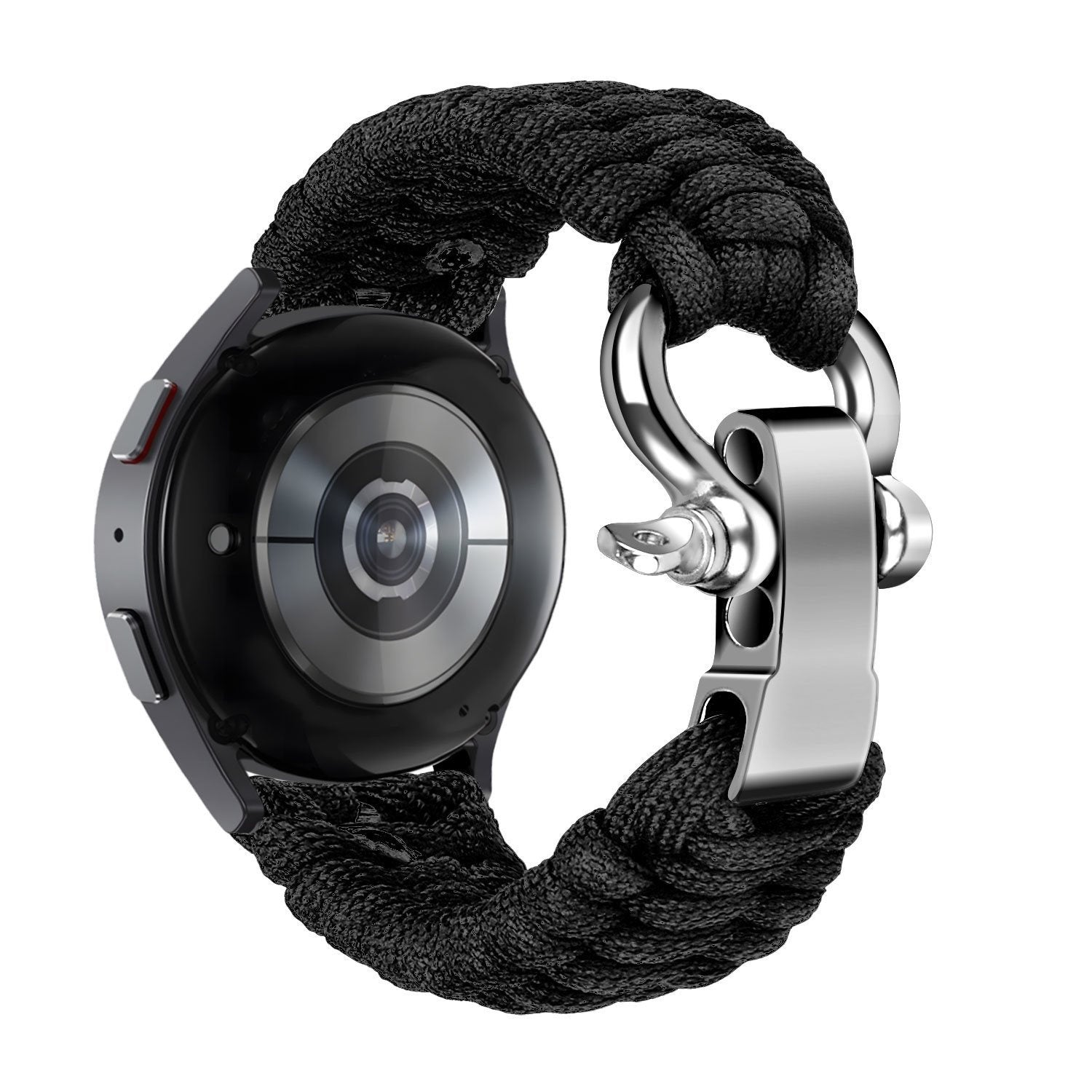 Eine schwarze Smartwatch mit einem geflochtenen schwarzen Armband und einer silbernen Schließe. Die Uhr befindet sich auf weißem Grund.