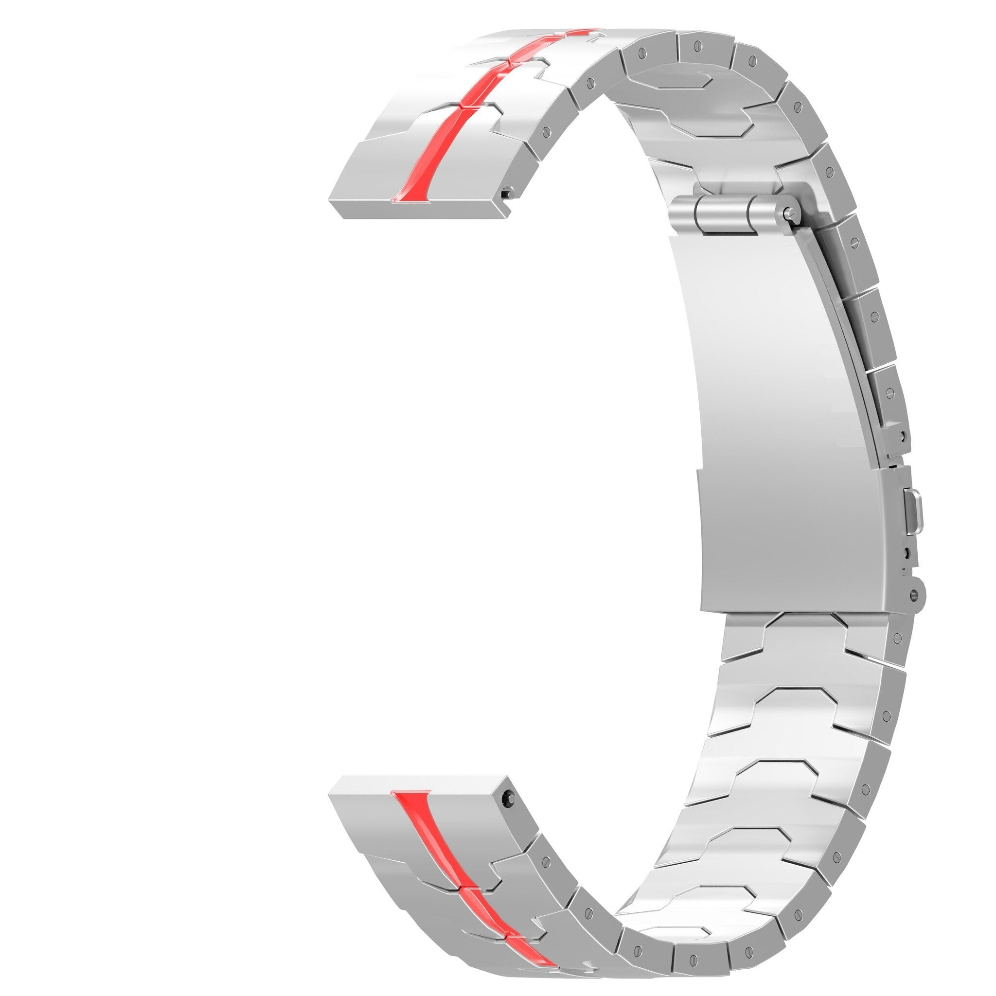 Ein silbernes Uhrenarmband mit einem roten Streifen in der Mitte. Es ist C-förmig gebogen, mit weißem Hintergrund.